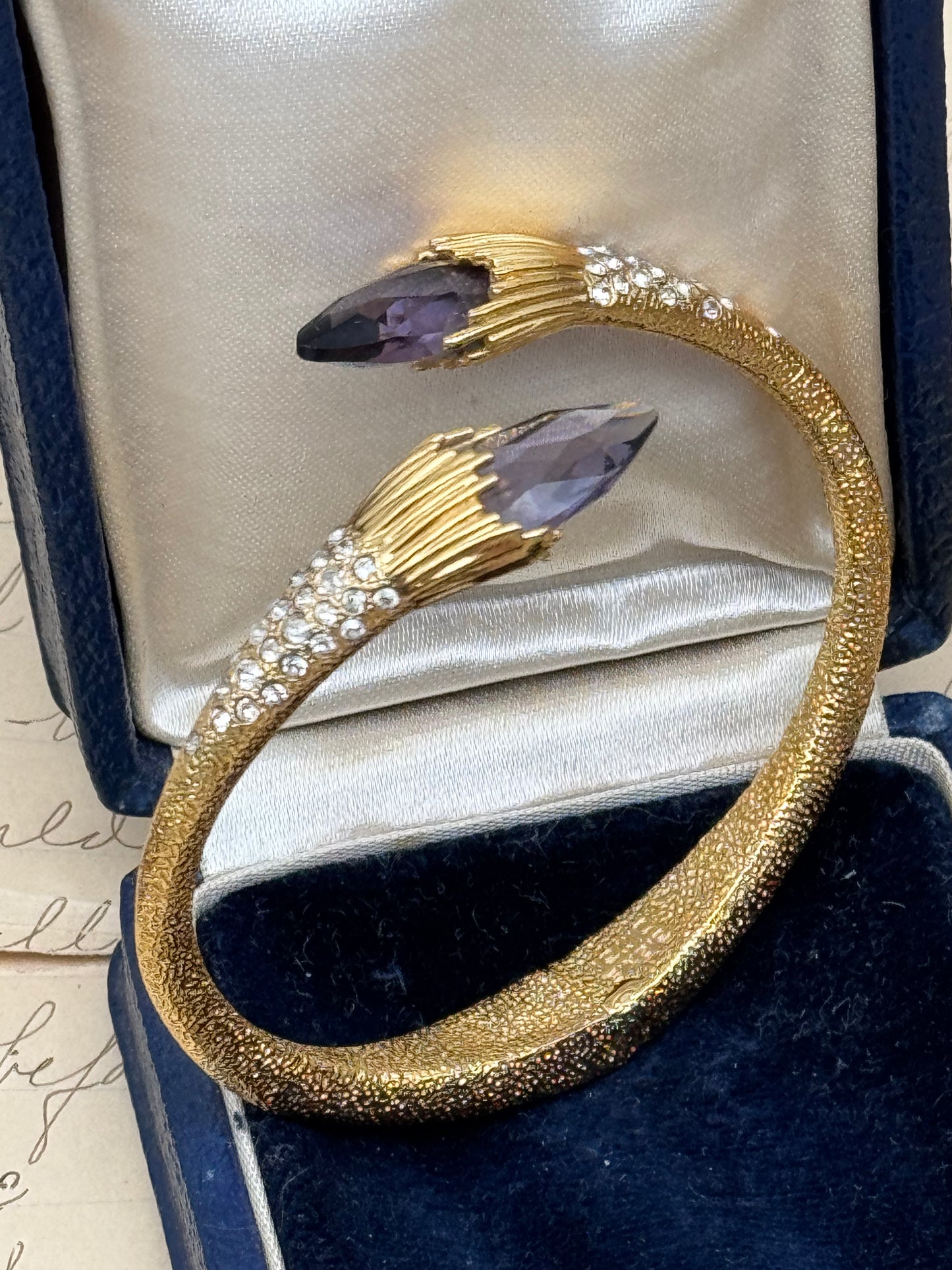 Vintage SIGNED Alexis Bittar Goldtone Bangle Rhinestone & Purple Accent Stones