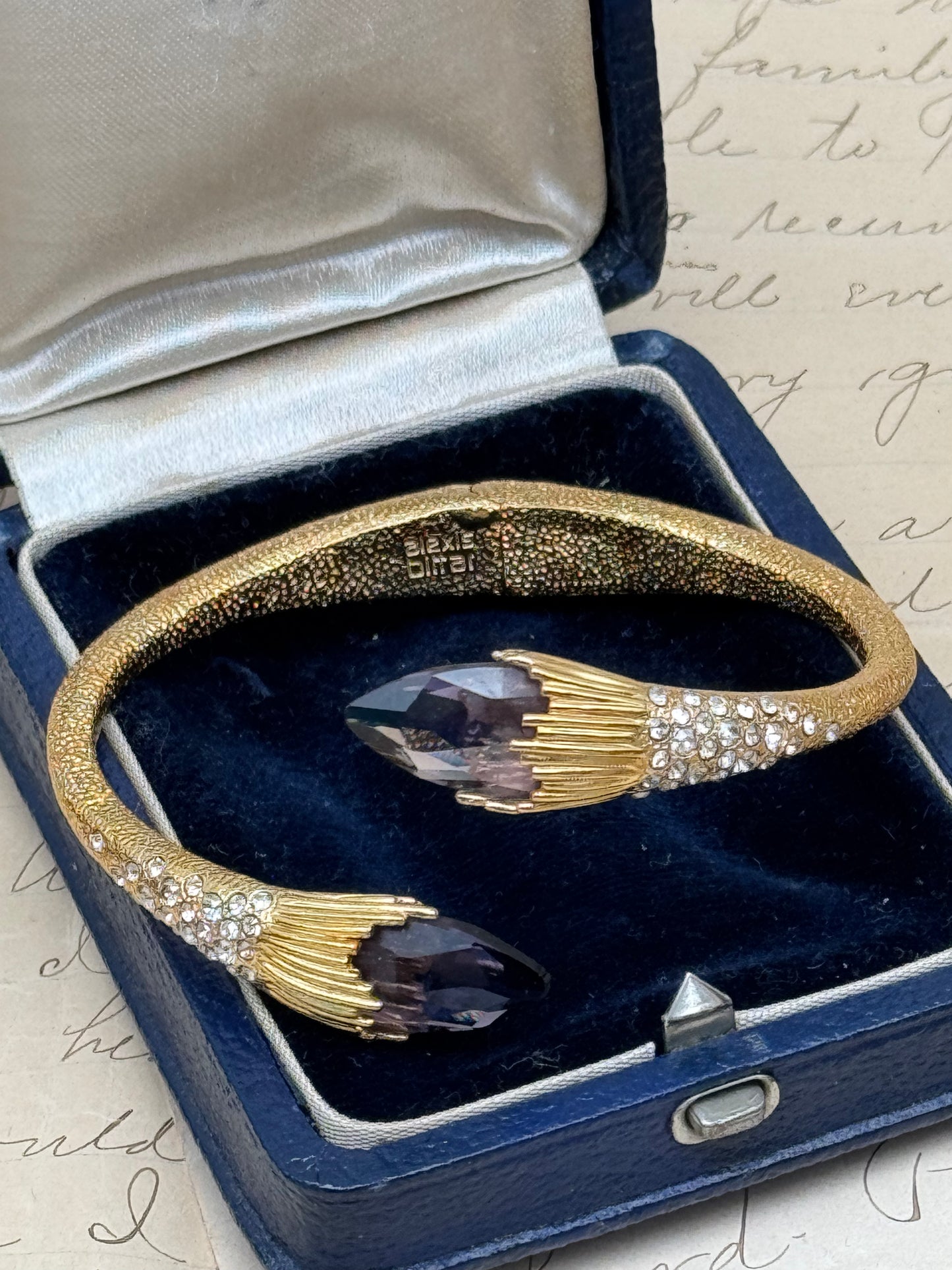 Vintage SIGNED Alexis Bittar Goldtone Bangle Rhinestone & Purple Accent Stones