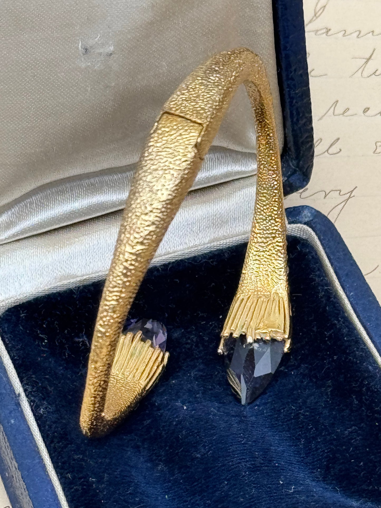 Vintage SIGNED Alexis Bittar Goldtone Bangle Rhinestone & Purple Accent Stones