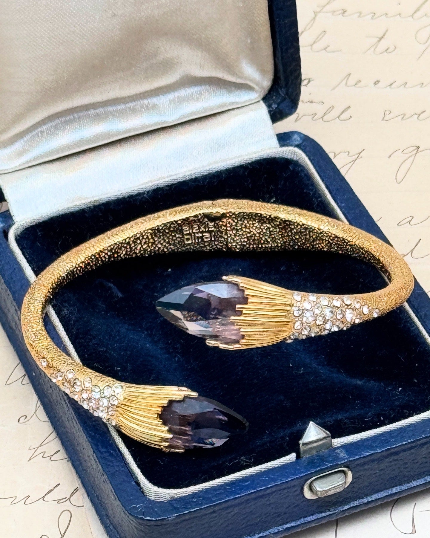 Vintage SIGNED Alexis Bittar Goldtone Bangle Rhinestone & Purple Accent Stones