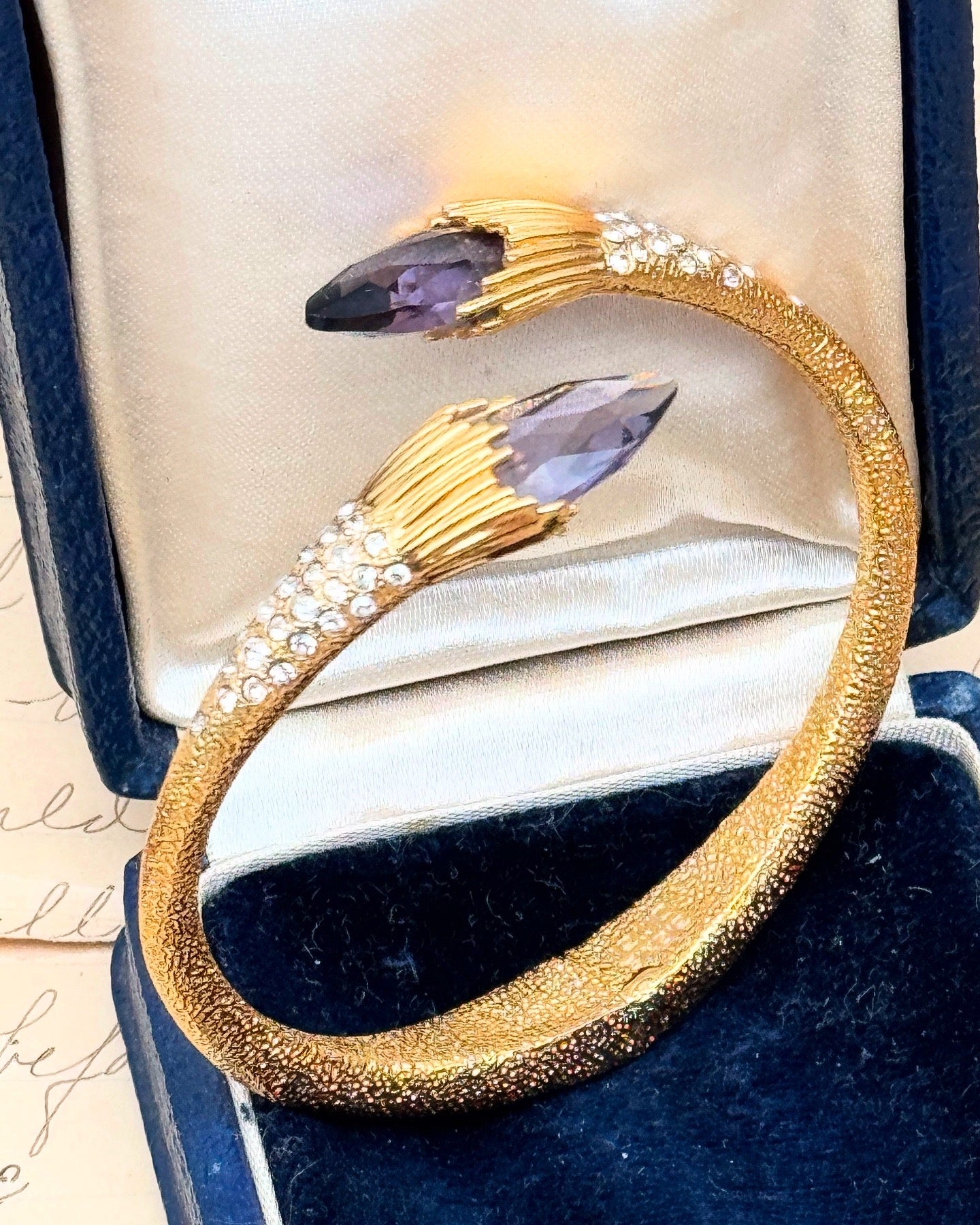 Vintage SIGNED Alexis Bittar Goldtone Bangle Rhinestone & Purple Accent Stones