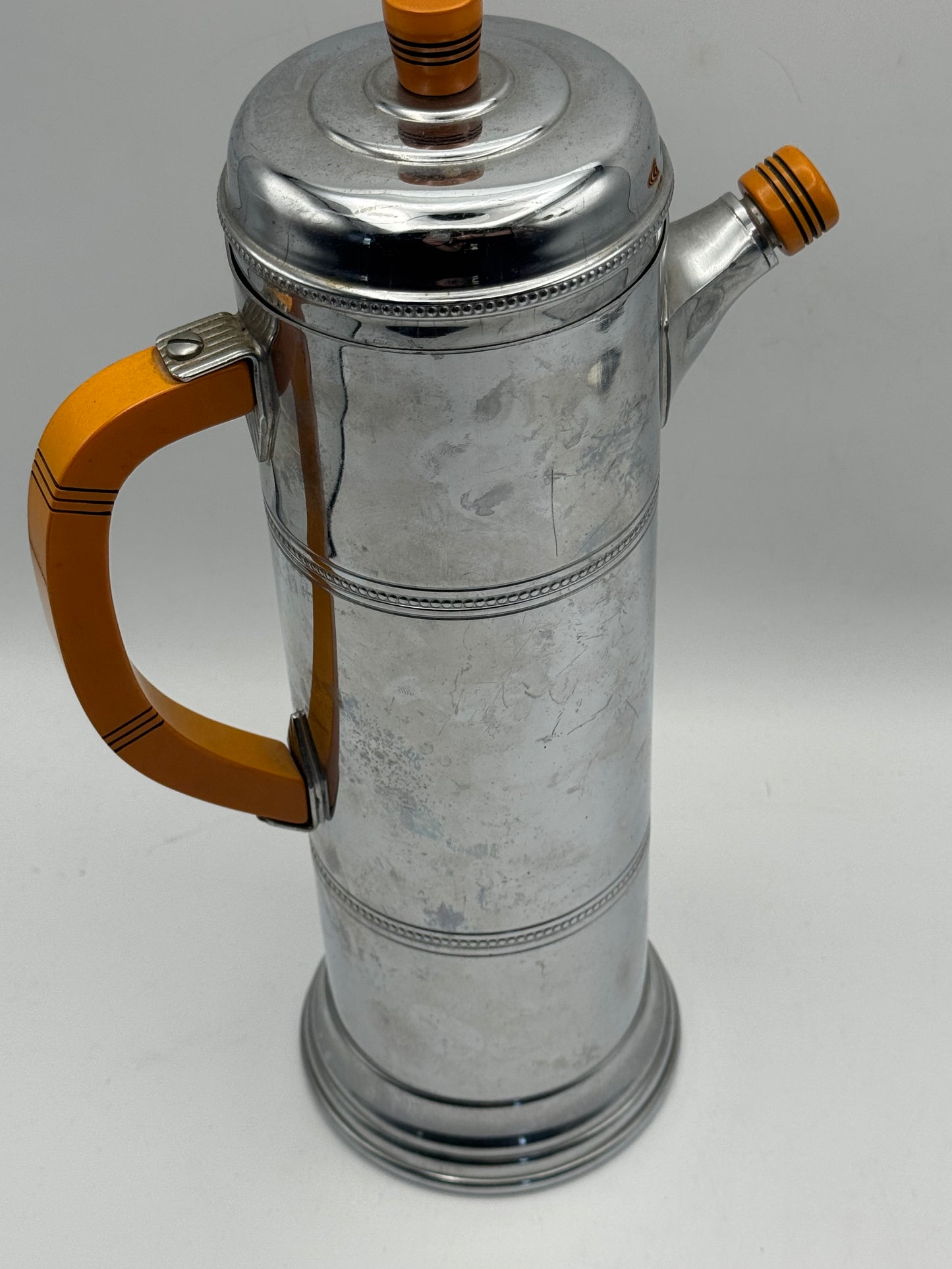 Chrome Bakelite Cocktail Shaker – 1930s Art Deco Krome Kraft Farber Bros – 12.5” Barware