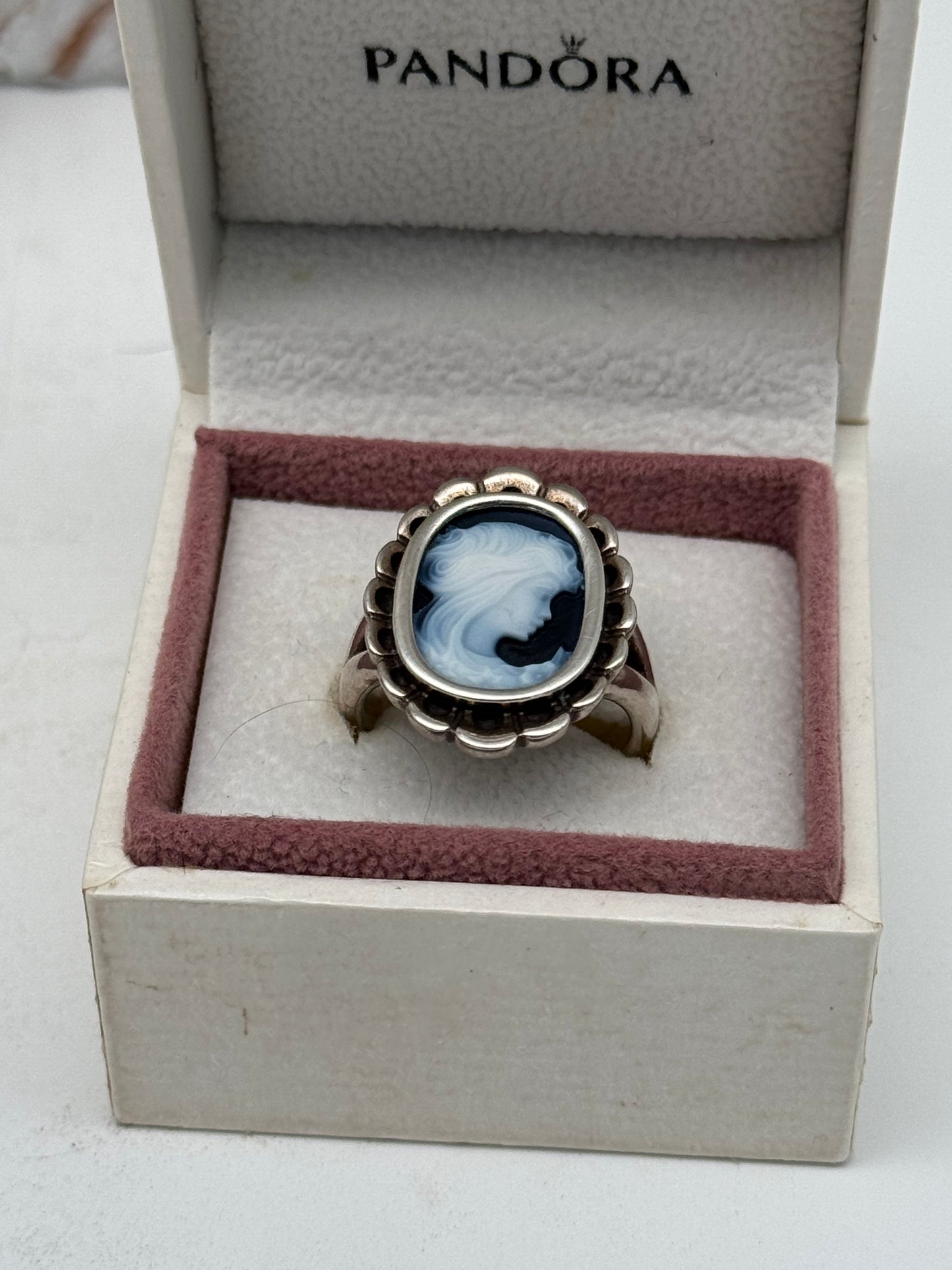 Сameo Blue Agate Ring PANDORA 925 Sterling Silver Vintage 2011, Size 7 in Box RETIRED‼️