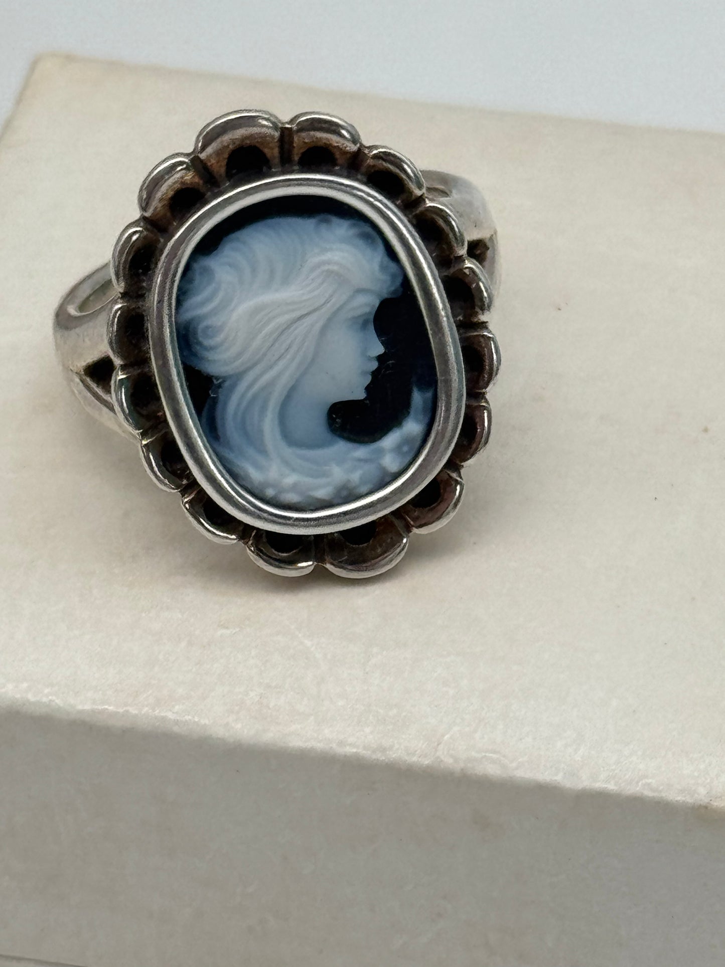 Сameo Blue Agate Ring PANDORA 925 Sterling Silver Vintage 2011, Size 7 in Box RETIRED‼️