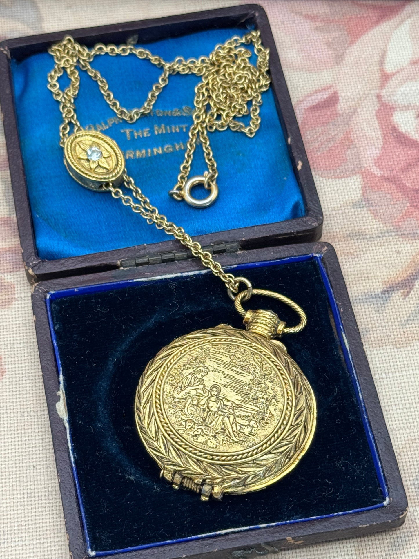 Vintage Max Factor Lip Balm Locket Necklace EMPTY Gold Tone Courting Couple with Slider Chain 27”