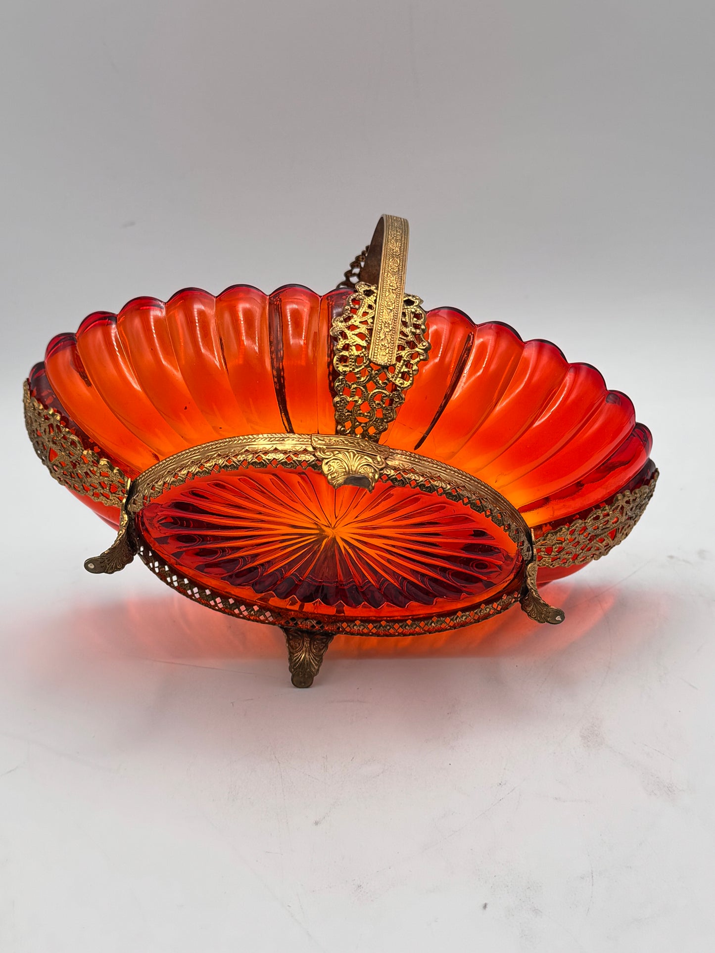 Vintage Burnt Orange Art Glass Basket with Ornate Ormolu Brass Handle