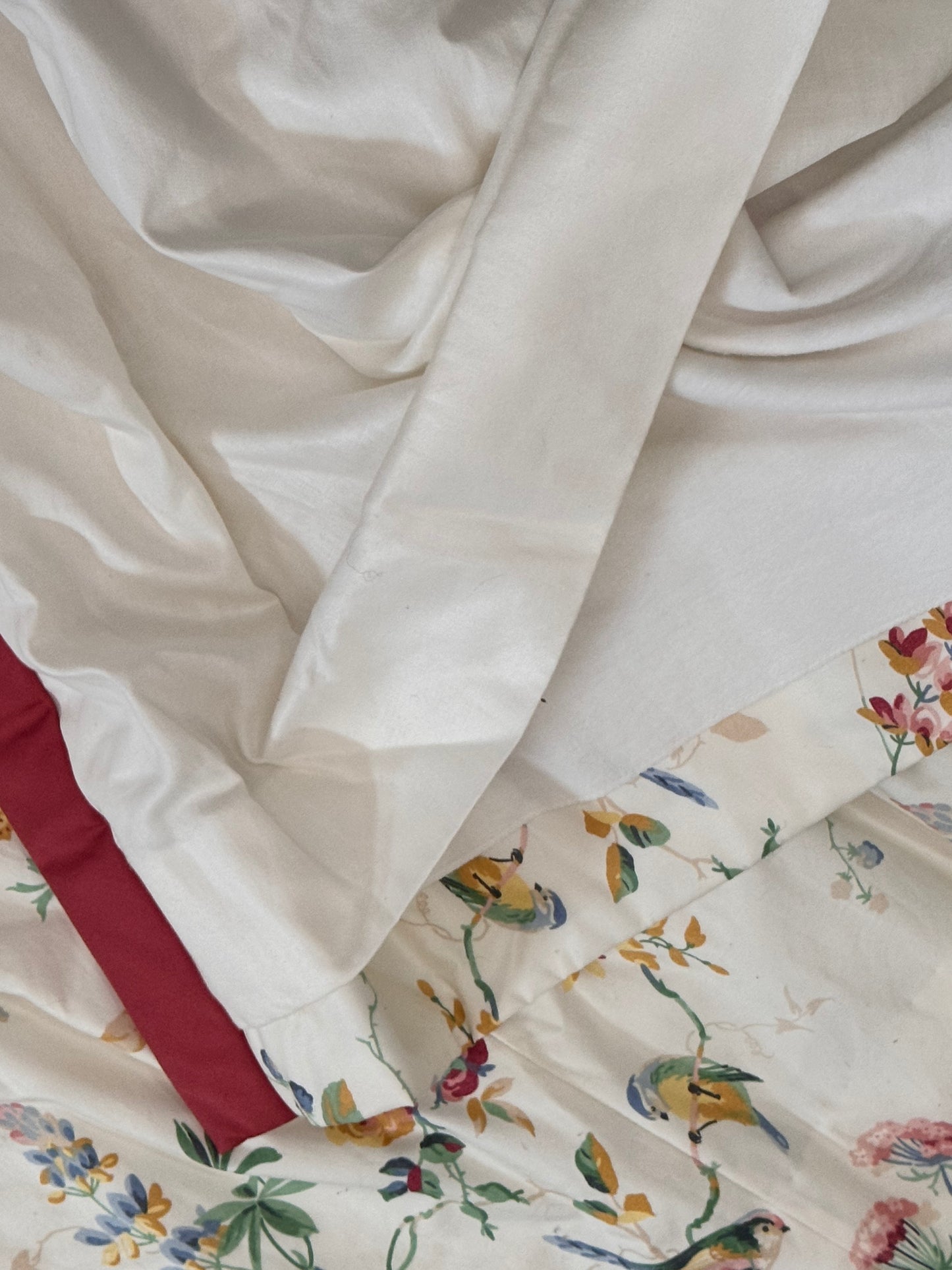 2 Vintage Schumacher Chickadee Floral Sky Drapery Panels Pair Wool Lined Weighted 90” x 60” Faded Piping