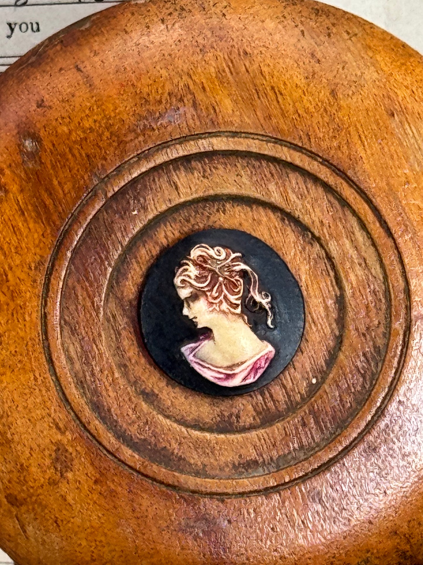 Vintage JEWELRY BOX - TREENWARE Style Wooden Box With Cameo 3.75” X 1.75”