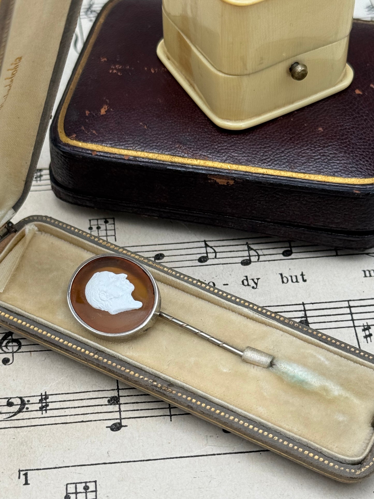 Antique Cameo Man’s Profile Stick Pin Silvertone