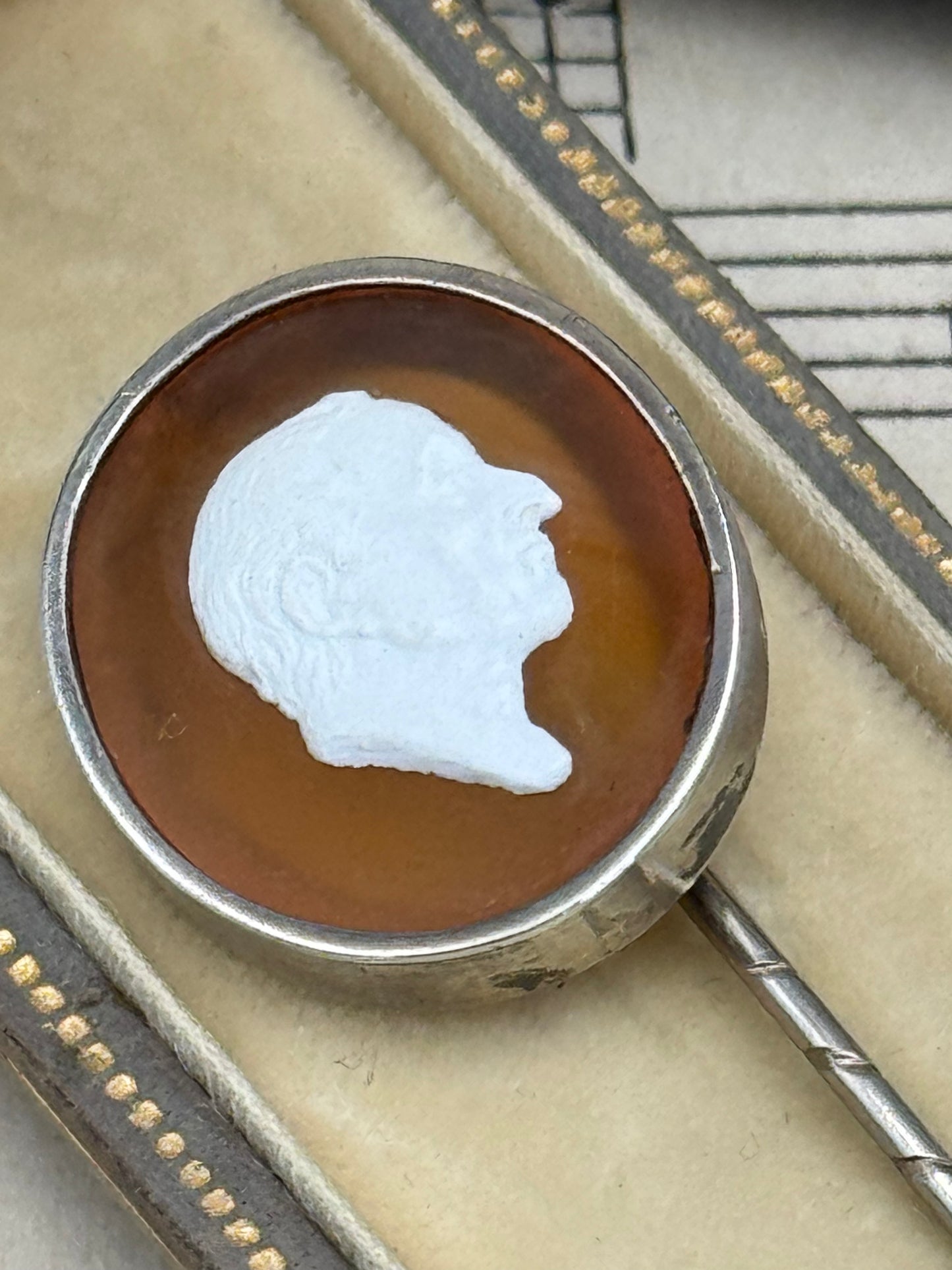 Antique Cameo Man’s Profile Stick Pin Silvertone