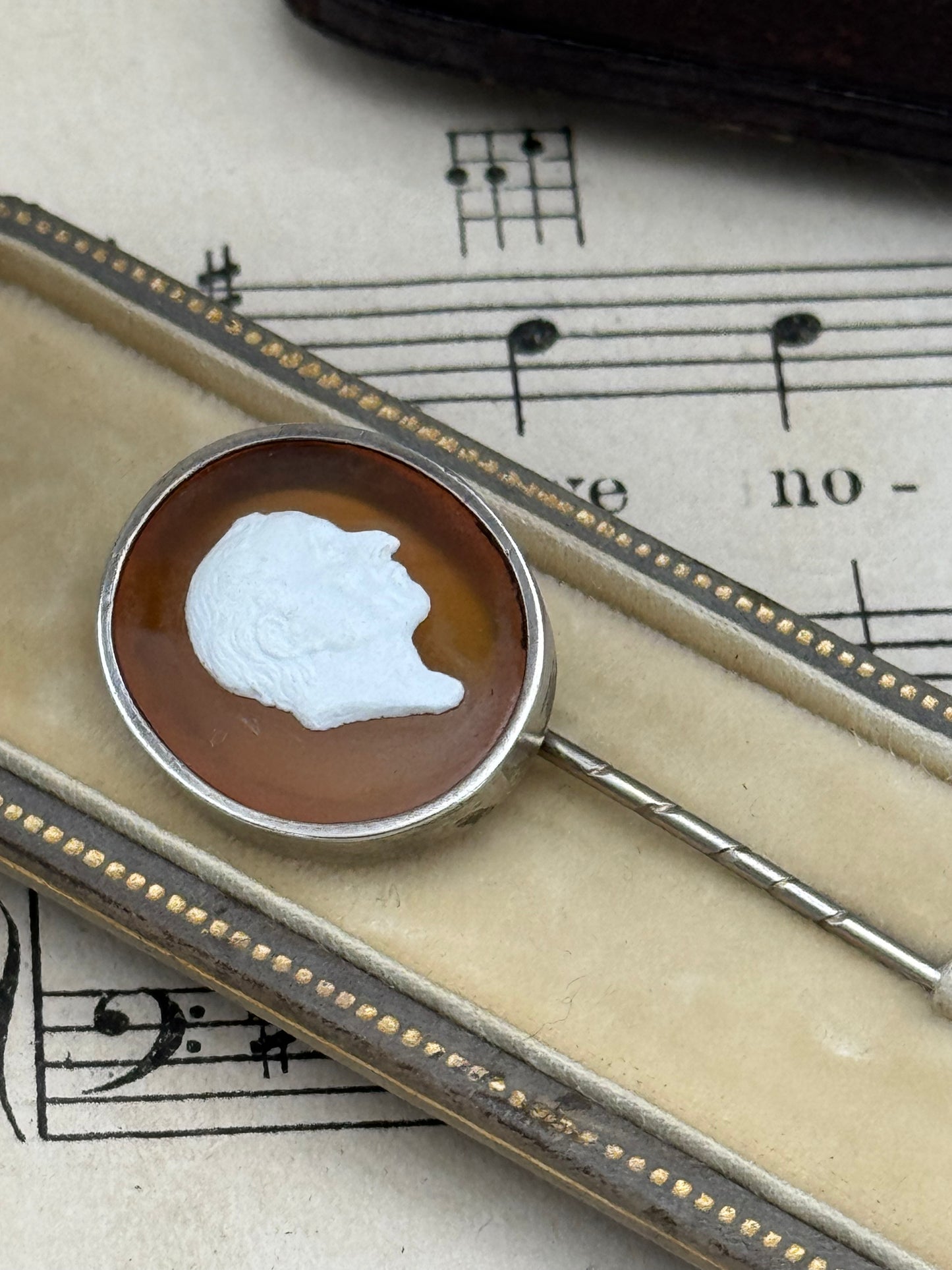 Antique Cameo Man’s Profile Stick Pin Silvertone
