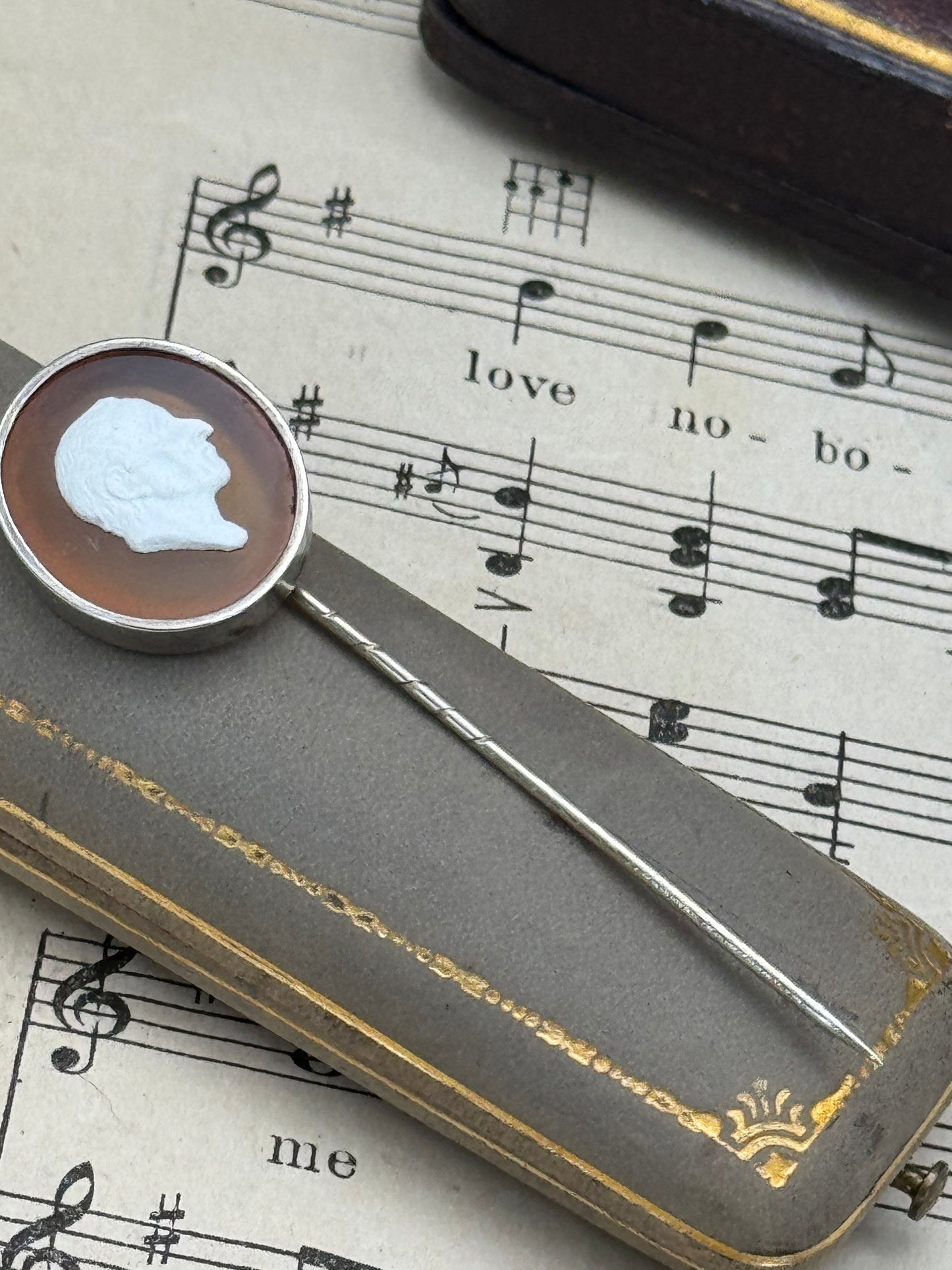 Antique Cameo Man’s Profile Stick Pin Silvertone