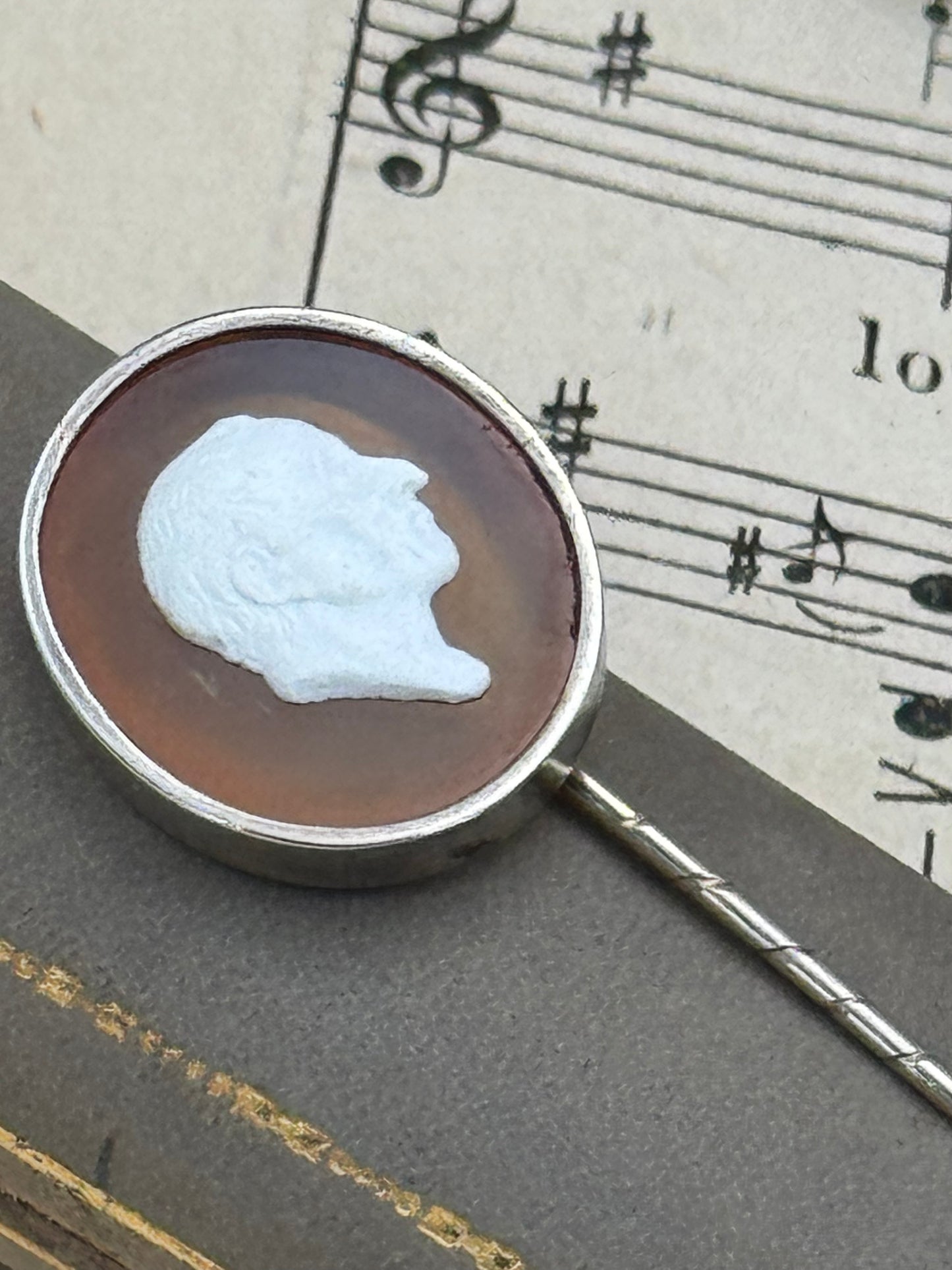 Antique Cameo Man’s Profile Stick Pin Silvertone
