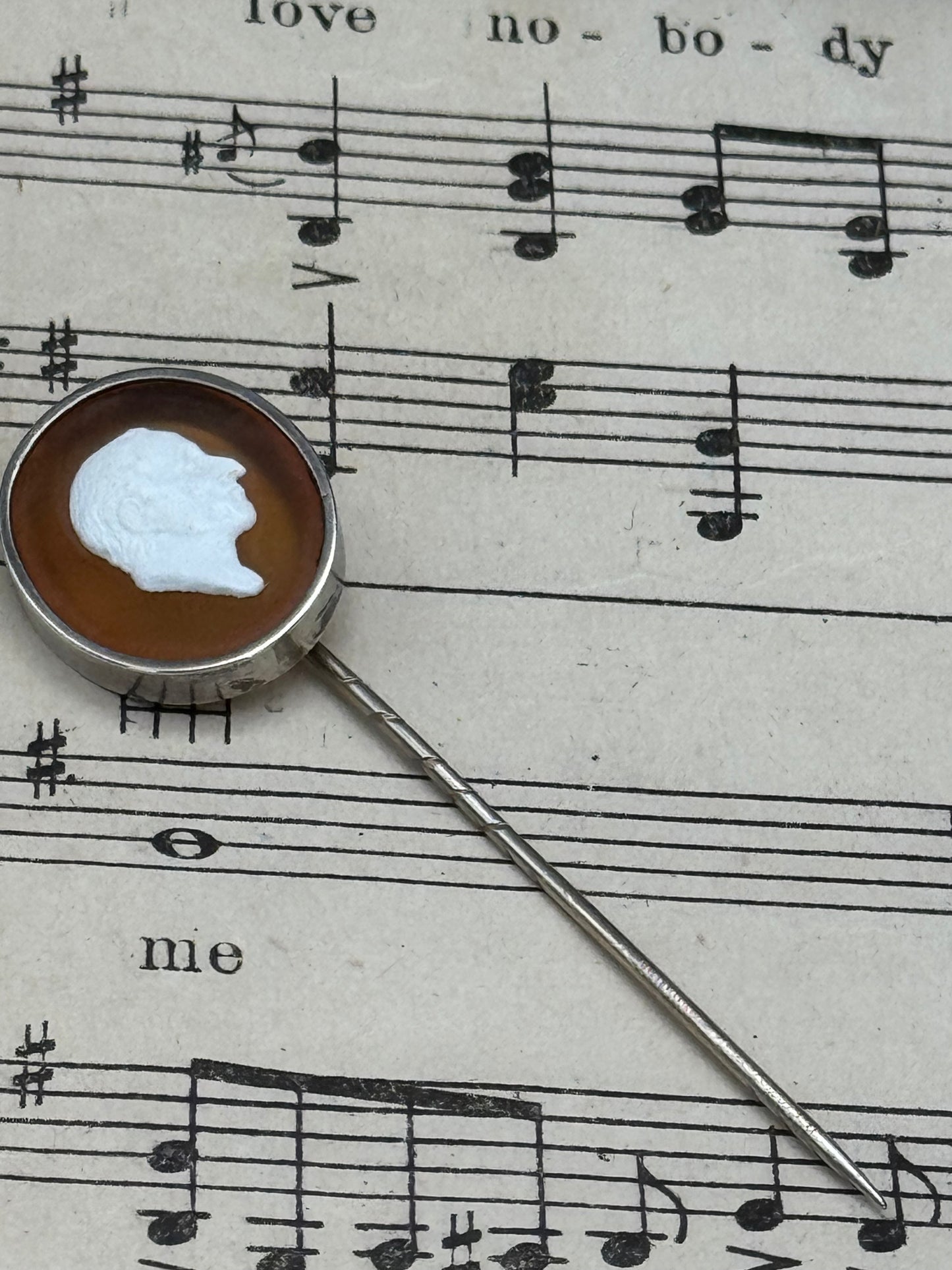Antique Cameo Man’s Profile Stick Pin Silvertone