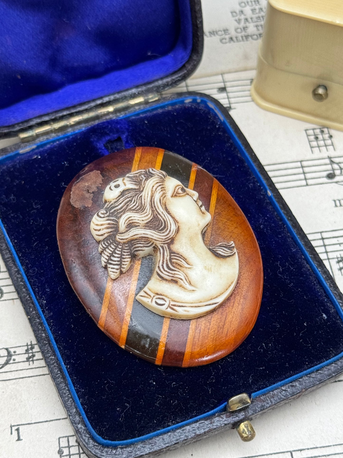 Vintage CAMEO Brooch Set In Wood Replacement Pin On Back ESTATE QUALITY