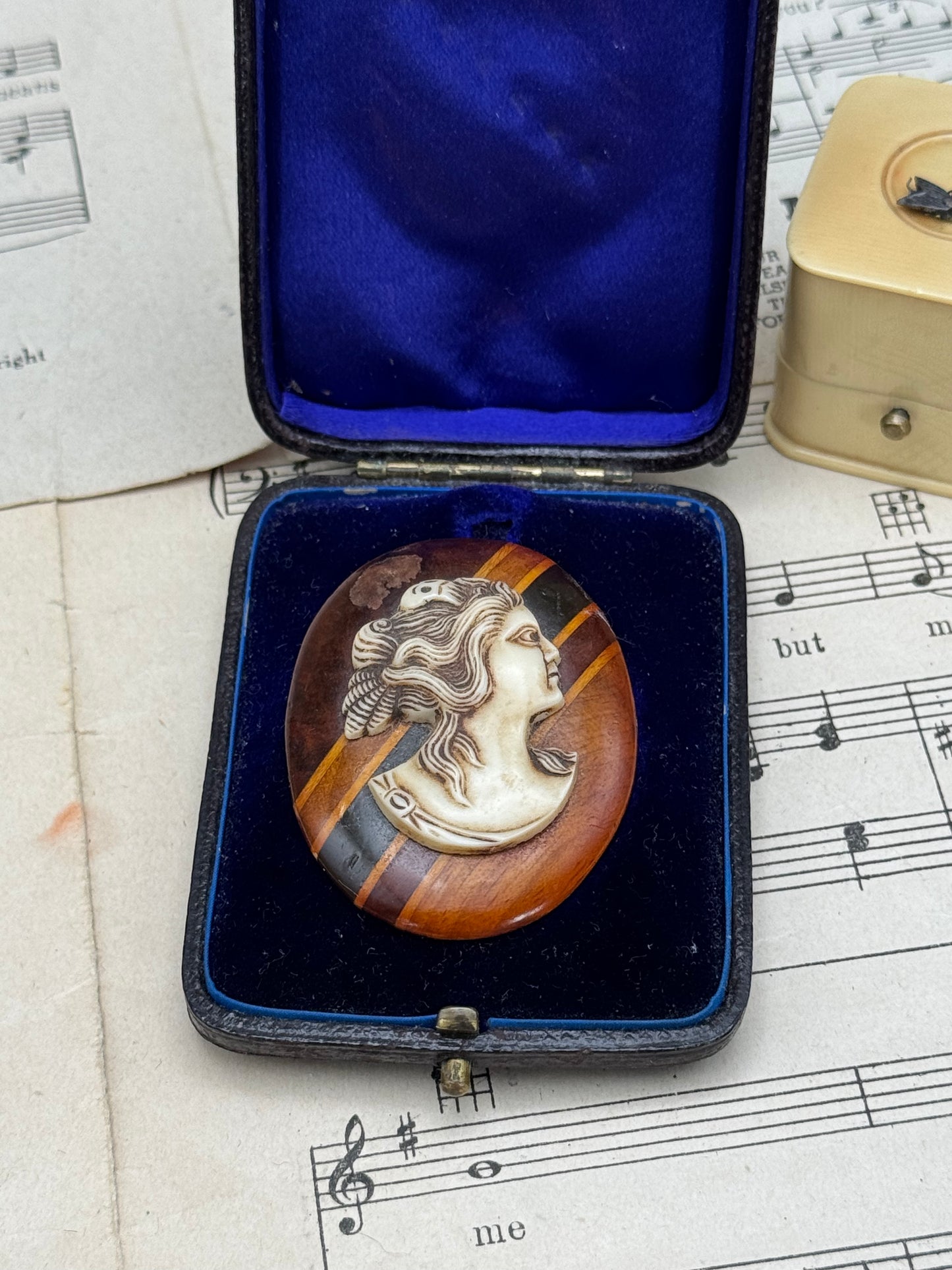 Vintage CAMEO Brooch Set In Wood Replacement Pin On Back ESTATE QUALITY