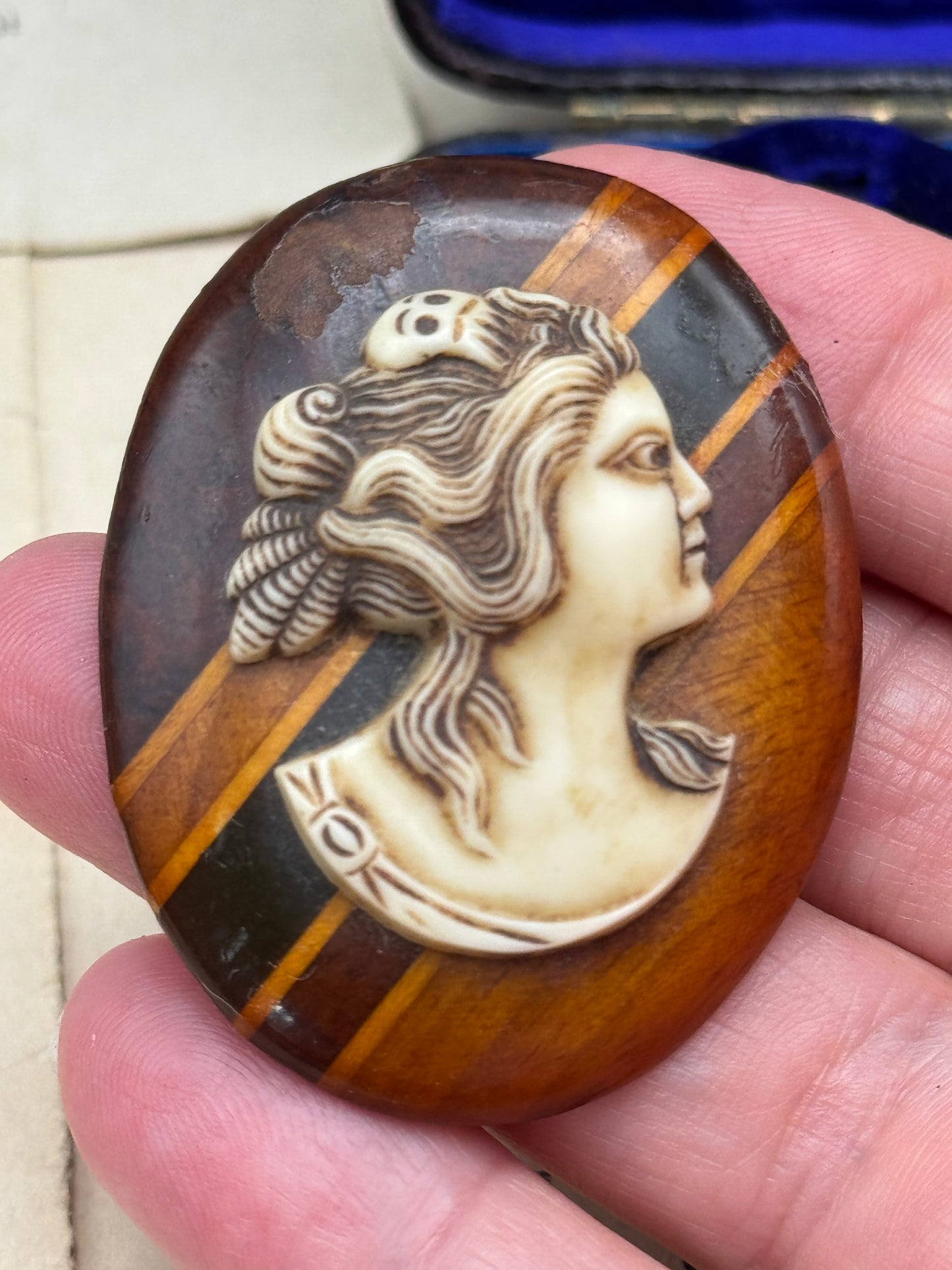 Vintage CAMEO Brooch Set In Wood Replacement Pin On Back ESTATE QUALITY