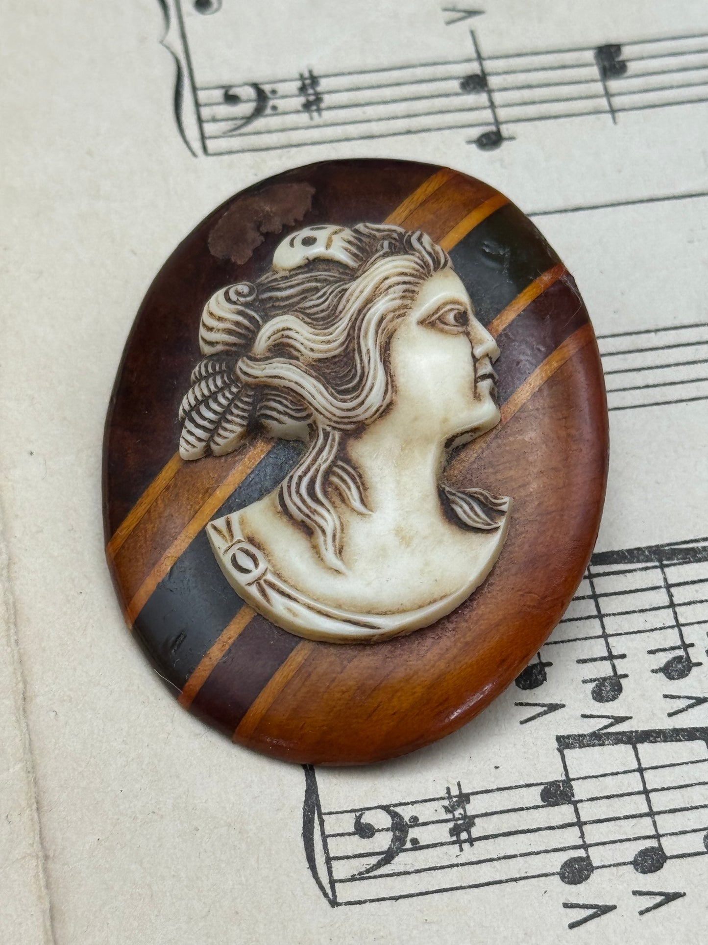 Vintage CAMEO Brooch Set In Wood Replacement Pin On Back ESTATE QUALITY