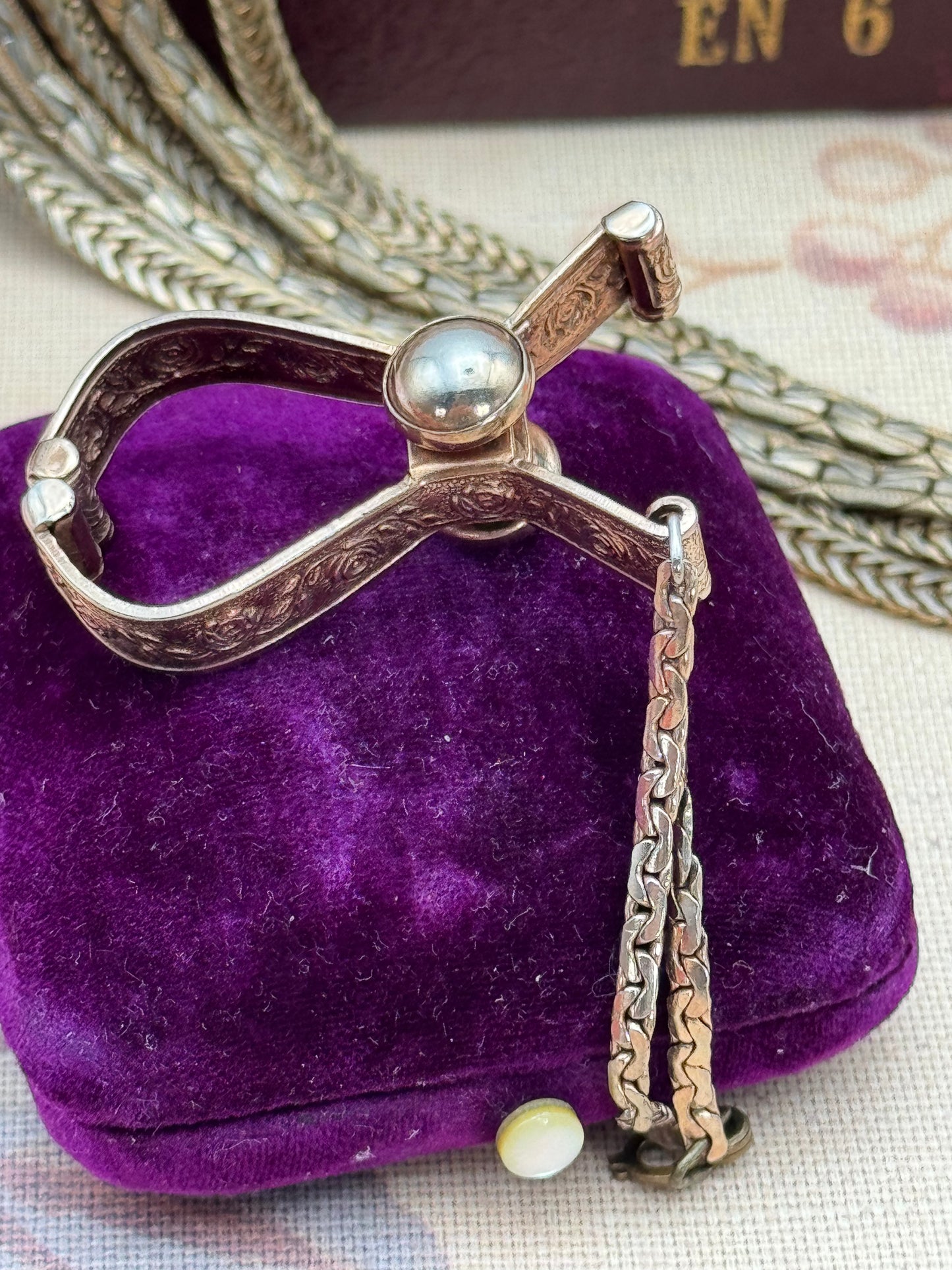 Victorian Style Rose Gold Metal Engraved Glove Holder – 1.75” x 1” – Vintage Floral Design