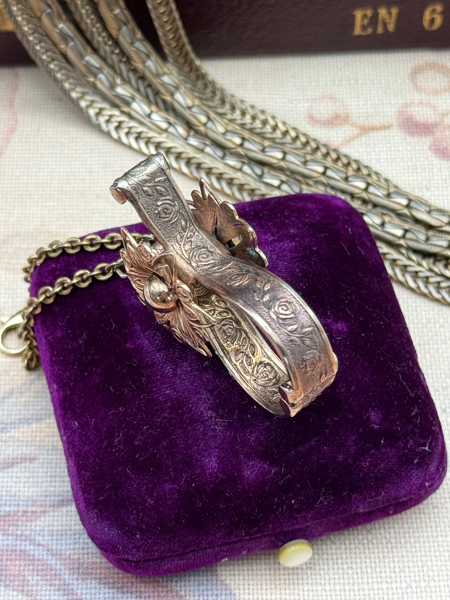 Victorian Style Rose Gold Metal with Flower Engraved Glove Holder – 1.75” x 1” – Vintage Floral Design