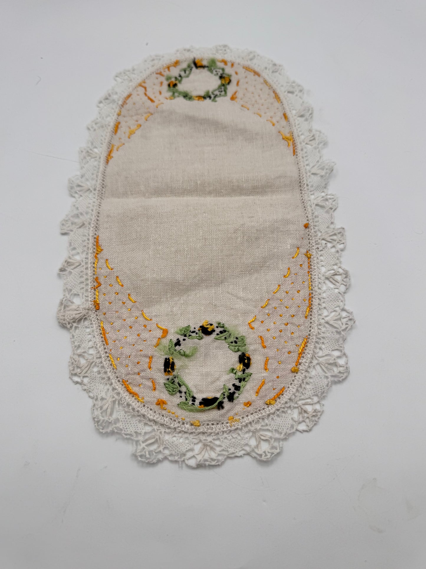 Vintage Linen Lace Dresser Runner Hand Embroidered Wreath Motif 13.25”