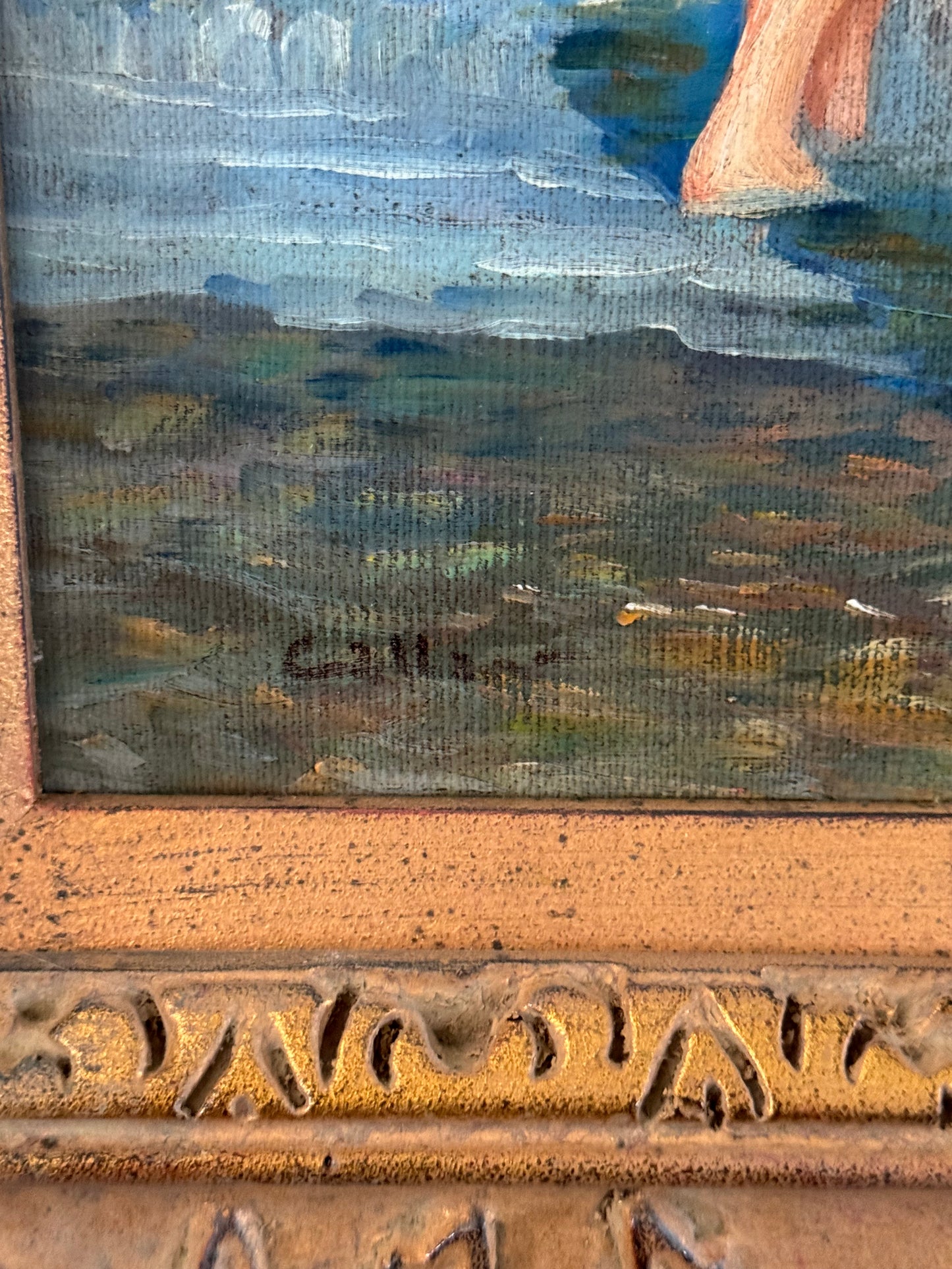 Vintage Oil Painting Beach Scene IMPRESSIONIST Wood Frame 23.5 X 19.5 X3” Signed