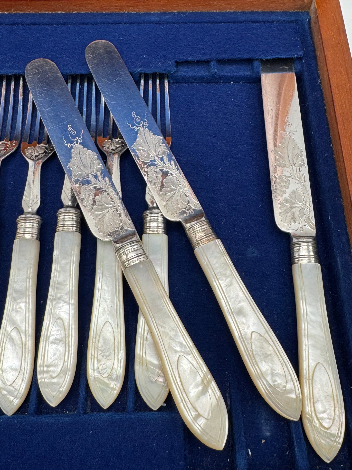 Victorian 24 Piece Mother of Pearl Silverware Set In Original Wood Case EXQUISITE