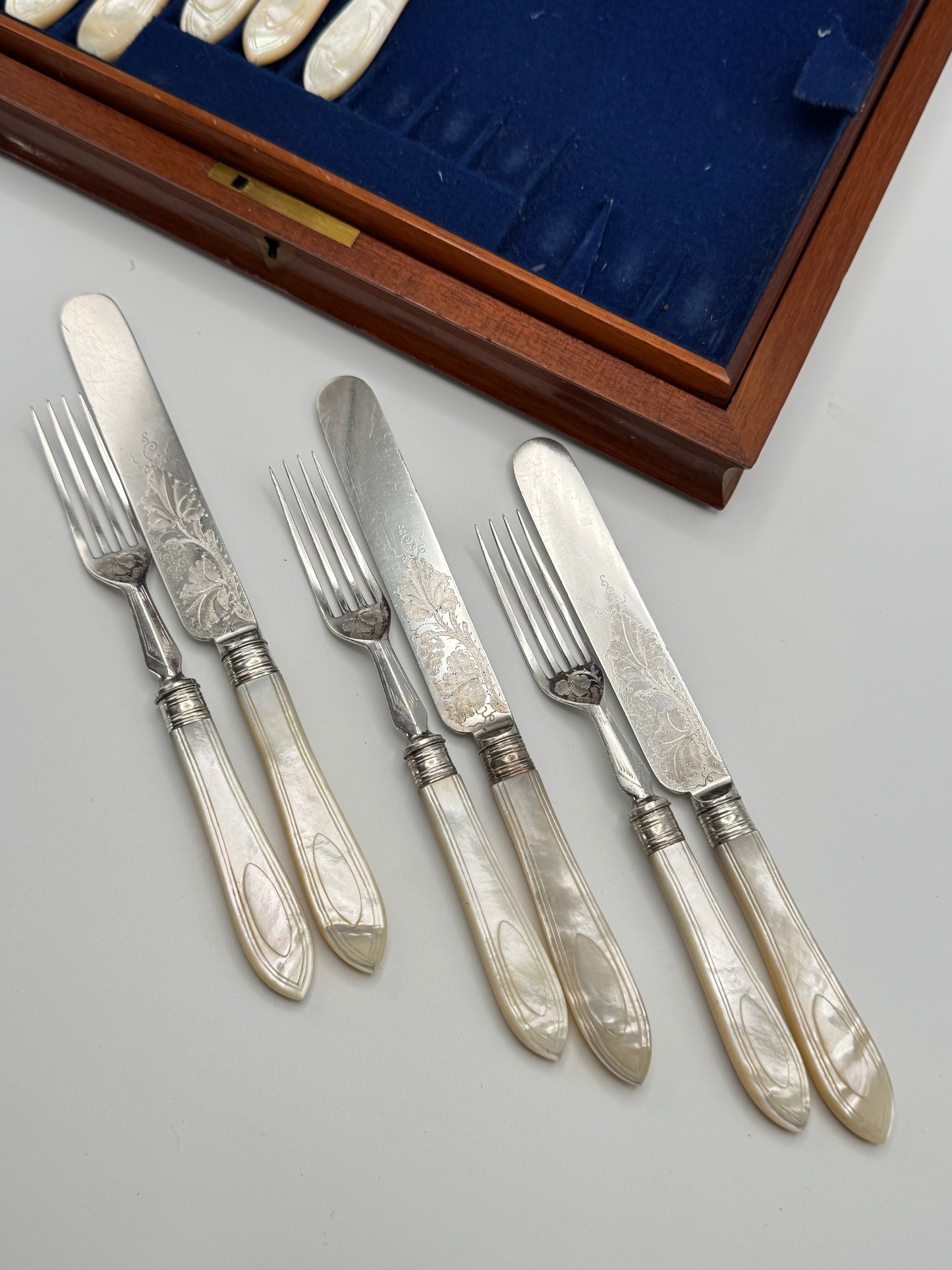 Victorian 24 Piece Mother of Pearl Silverware Set In Original Wood Case EXQUISITE