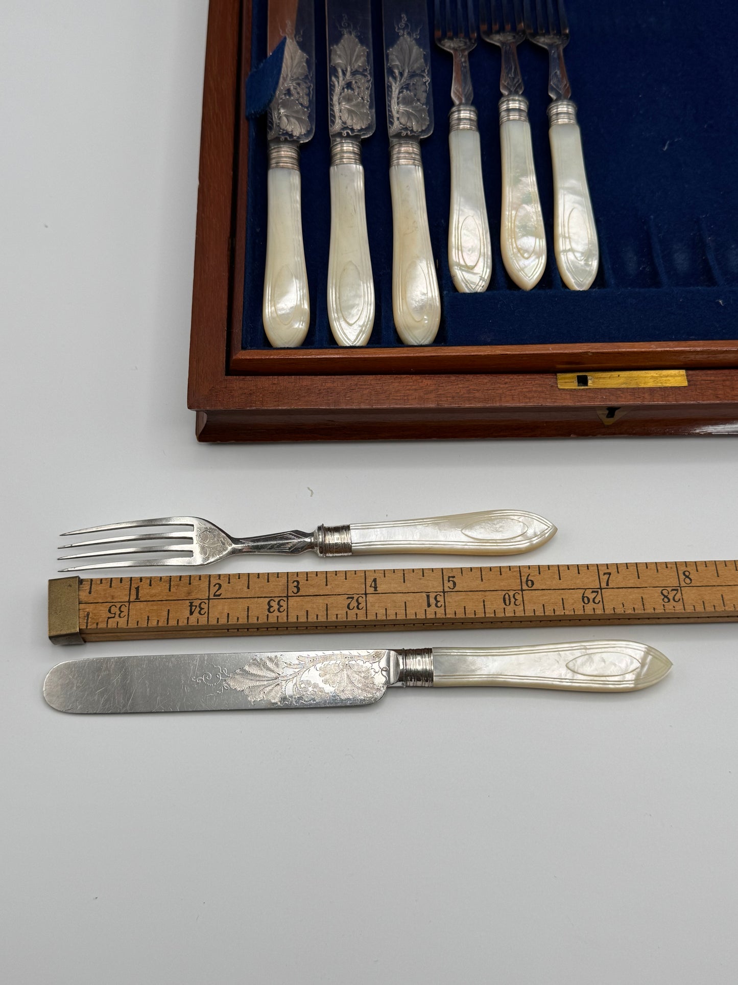 Victorian 24 Piece Mother of Pearl Silverware Set In Original Wood Case EXQUISITE