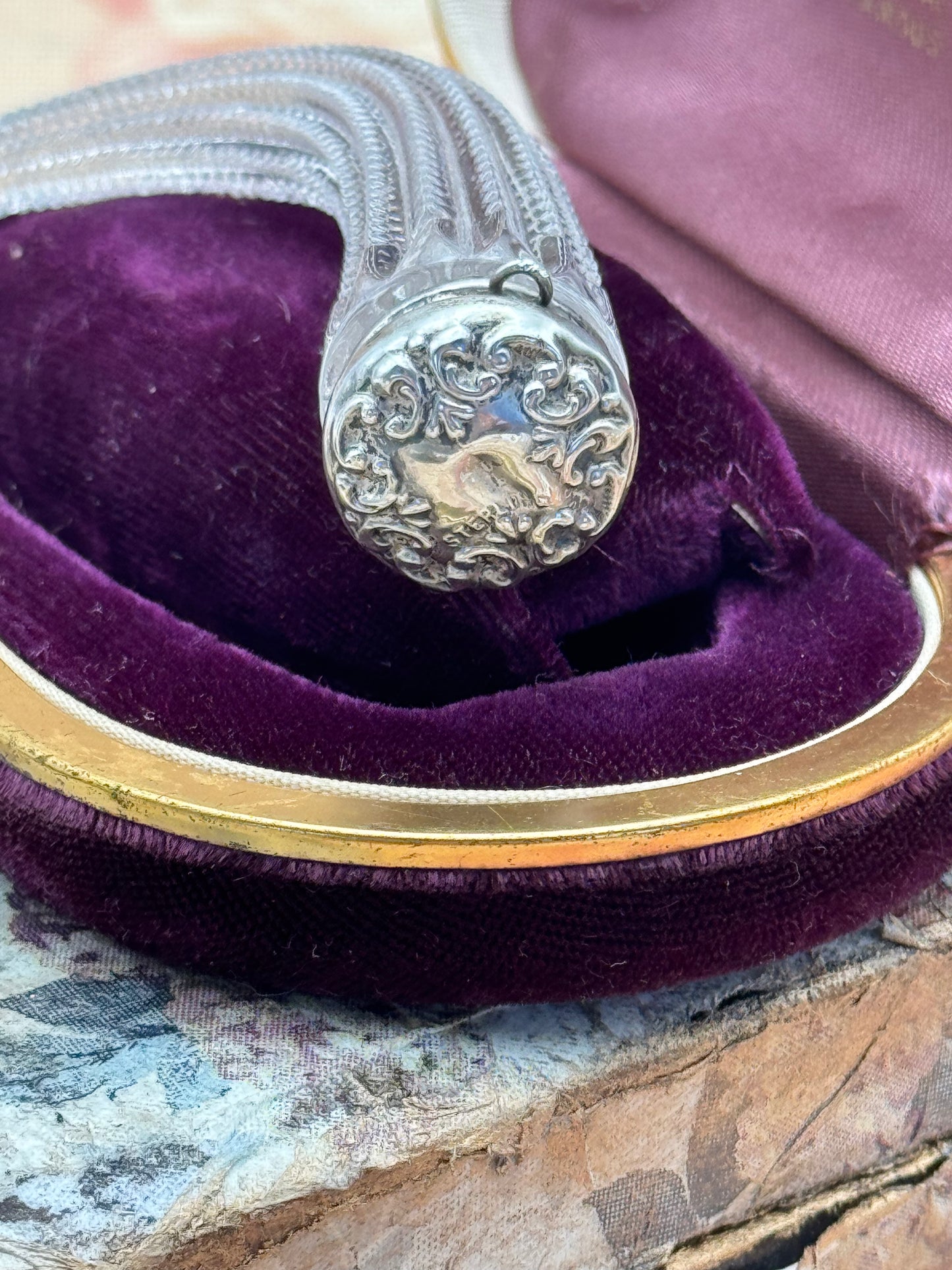 Antique Victorian Sterling Silver & Glass Chatelaine Perfume Bottle Length: 4” | Diameter of lid: 0.75”