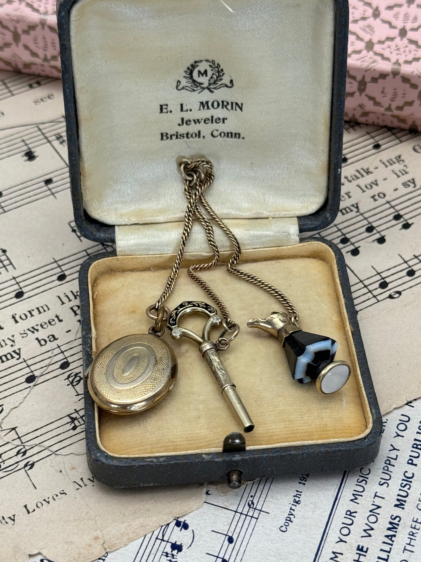 Rare Victorian 3-Piece Chatelaine | Banded Agate Ewer in 10k Gold, Enamel Watch Key in 10k Gold, Gold-Filled Locket | Pendant Ready