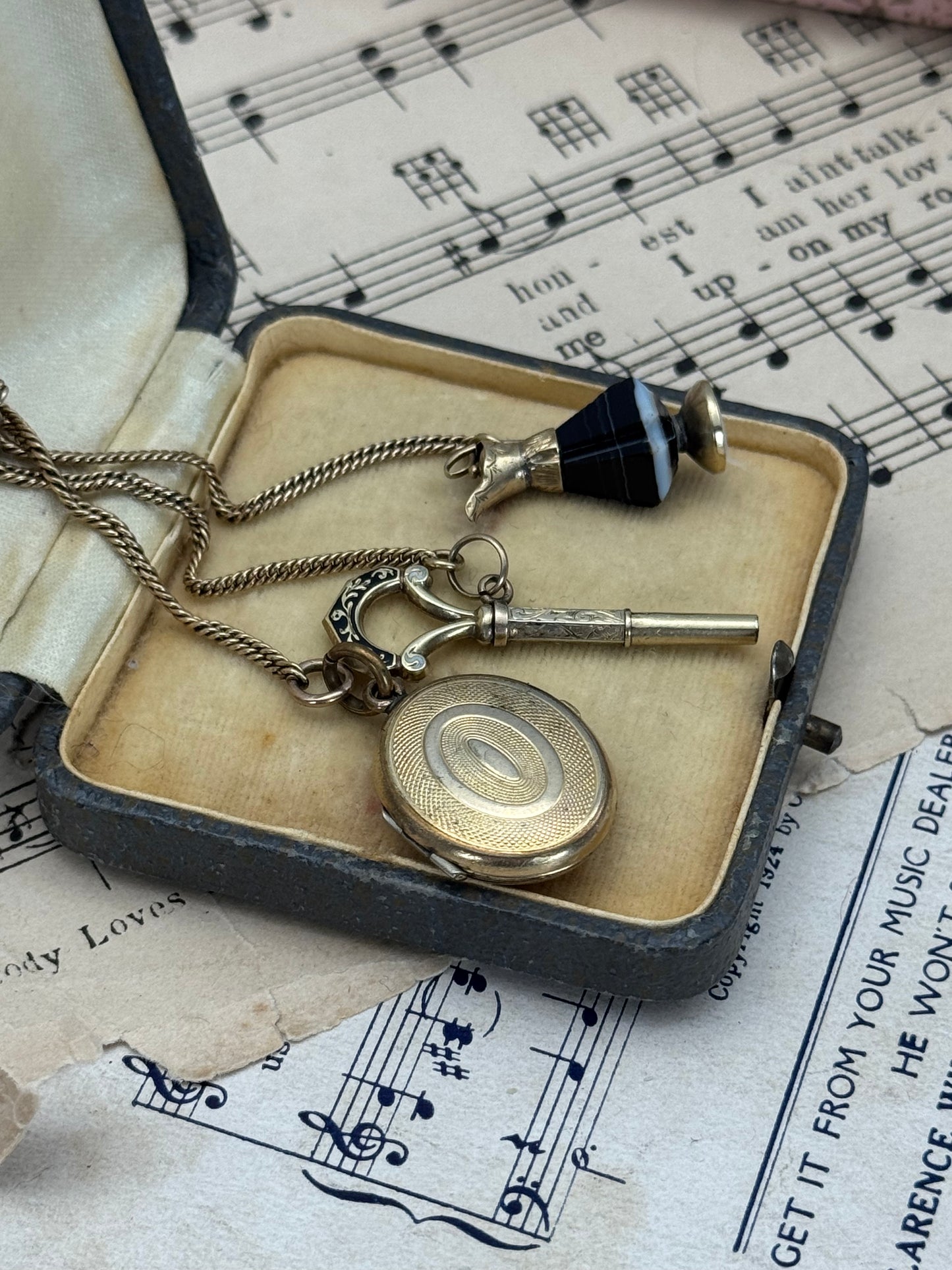 Rare Victorian 3-Piece Chatelaine | Banded Agate Ewer in 10k Gold, Enamel Watch Key in 10k Gold, Gold-Filled Locket | Pendant Ready