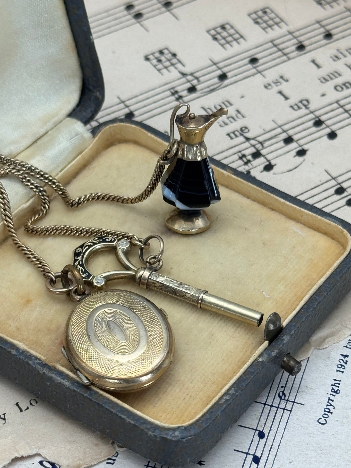 Rare Victorian 3-Piece Chatelaine | Banded Agate Ewer in 10k Gold, Enamel Watch Key in 10k Gold, Gold-Filled Locket | Pendant Ready