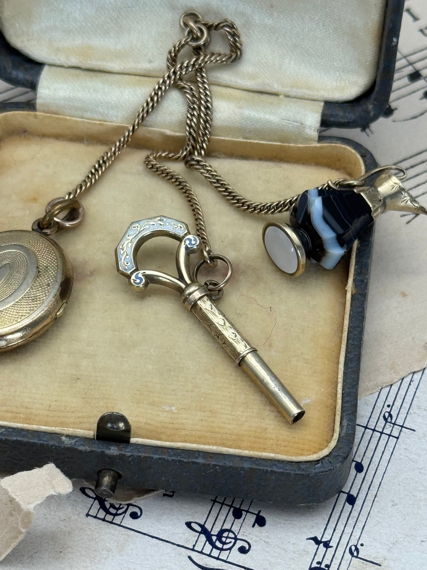 Rare Victorian 3-Piece Chatelaine | Banded Agate Ewer in 10k Gold, Enamel Watch Key in 10k Gold, Gold-Filled Locket | Pendant Ready