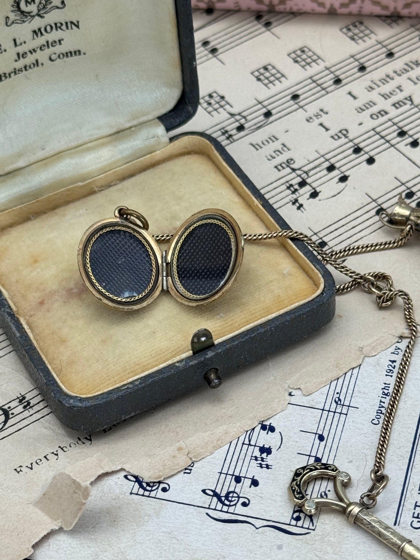 Rare Victorian 3-Piece Chatelaine | Banded Agate Ewer in 10k Gold, Enamel Watch Key in 10k Gold, Gold-Filled Locket | Pendant Ready