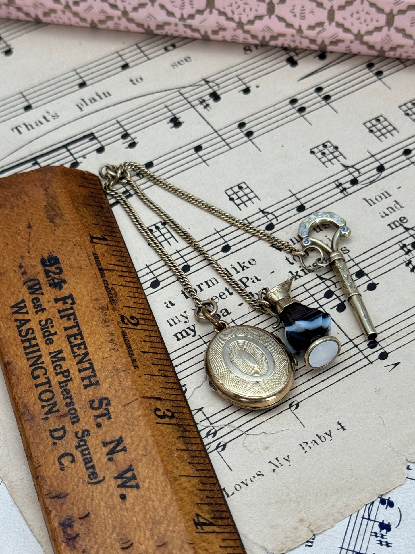 Rare Victorian 3-Piece Chatelaine | Banded Agate Ewer in 10k Gold, Enamel Watch Key in 10k Gold, Gold-Filled Locket | Pendant Ready