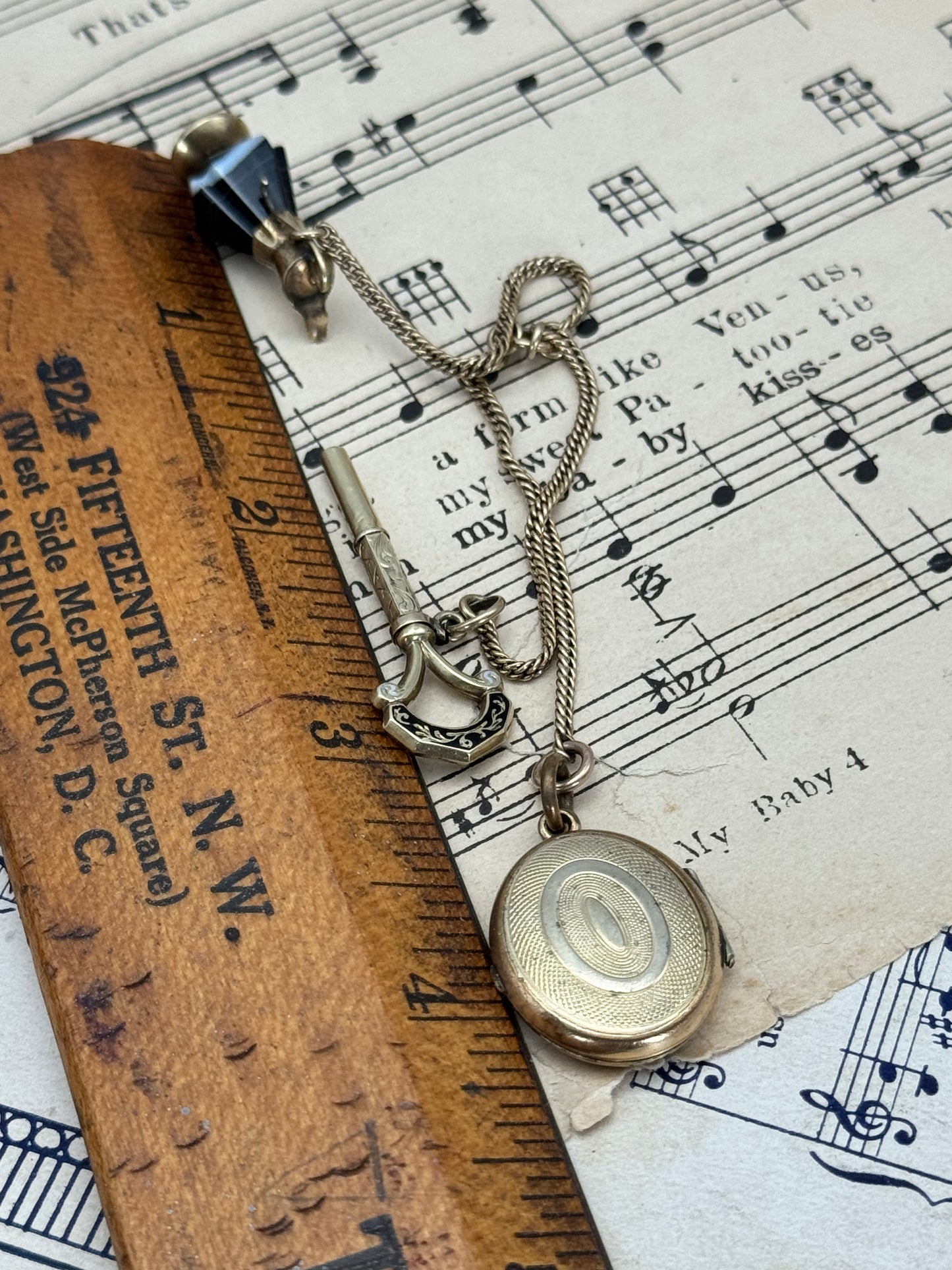 Rare Victorian 3-Piece Chatelaine | Banded Agate Ewer in 10k Gold, Enamel Watch Key in 10k Gold, Gold-Filled Locket | Pendant Ready