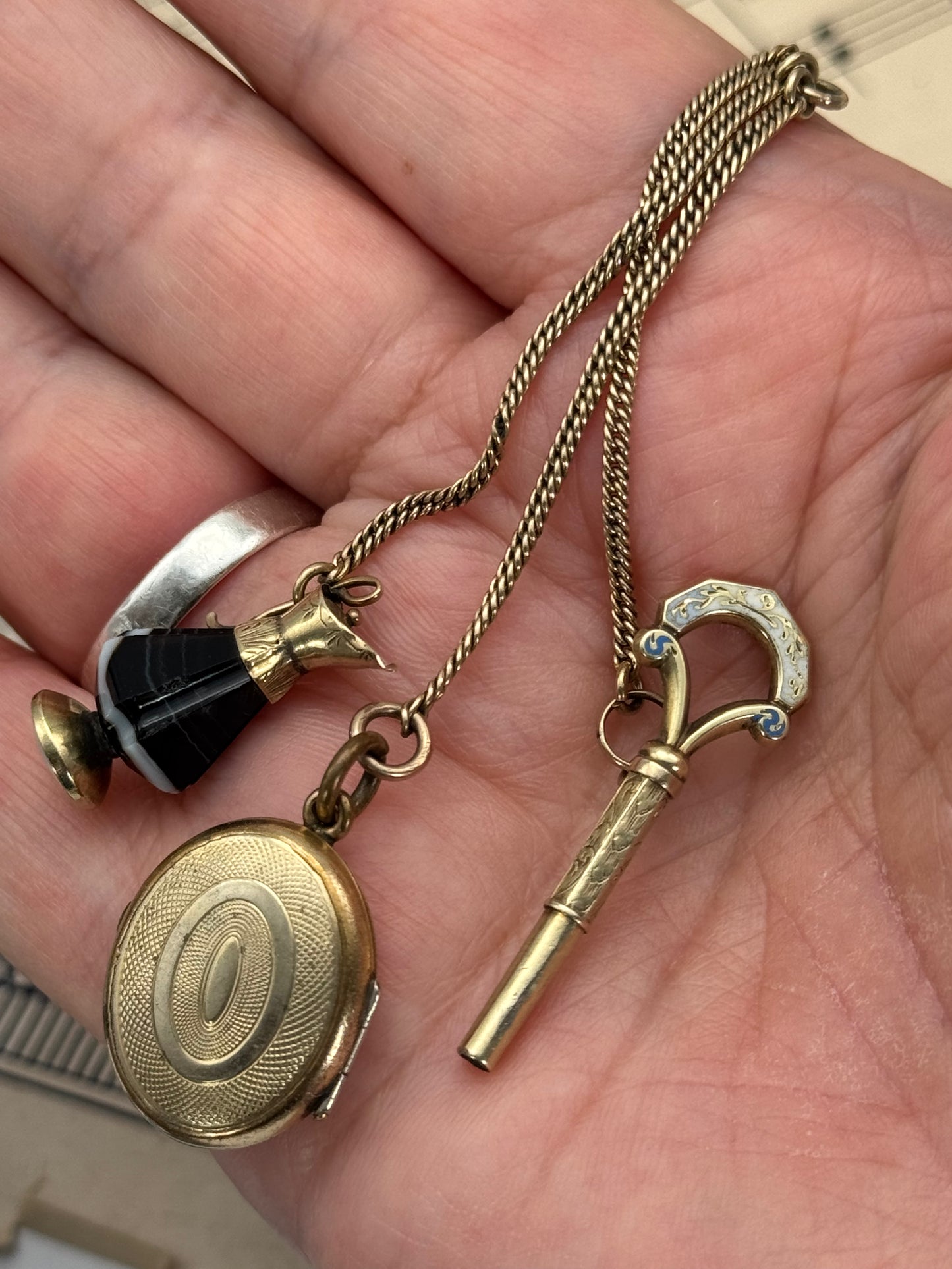 Rare Victorian 3-Piece Chatelaine | Banded Agate Ewer in 10k Gold, Enamel Watch Key in 10k Gold, Gold-Filled Locket | Pendant Ready