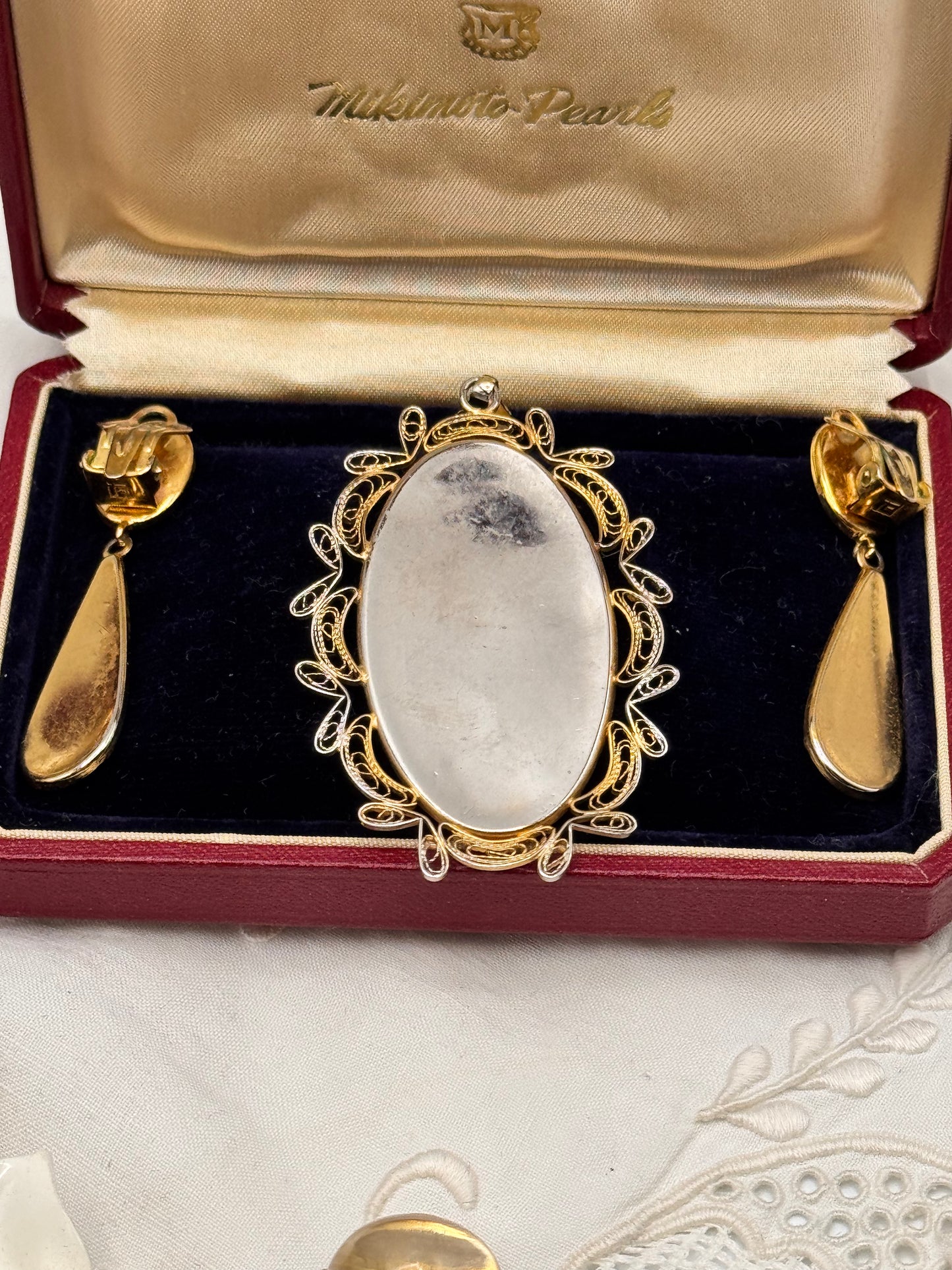 Vintage Spanish Damascene Bird Pendant & Drop Earrings Set