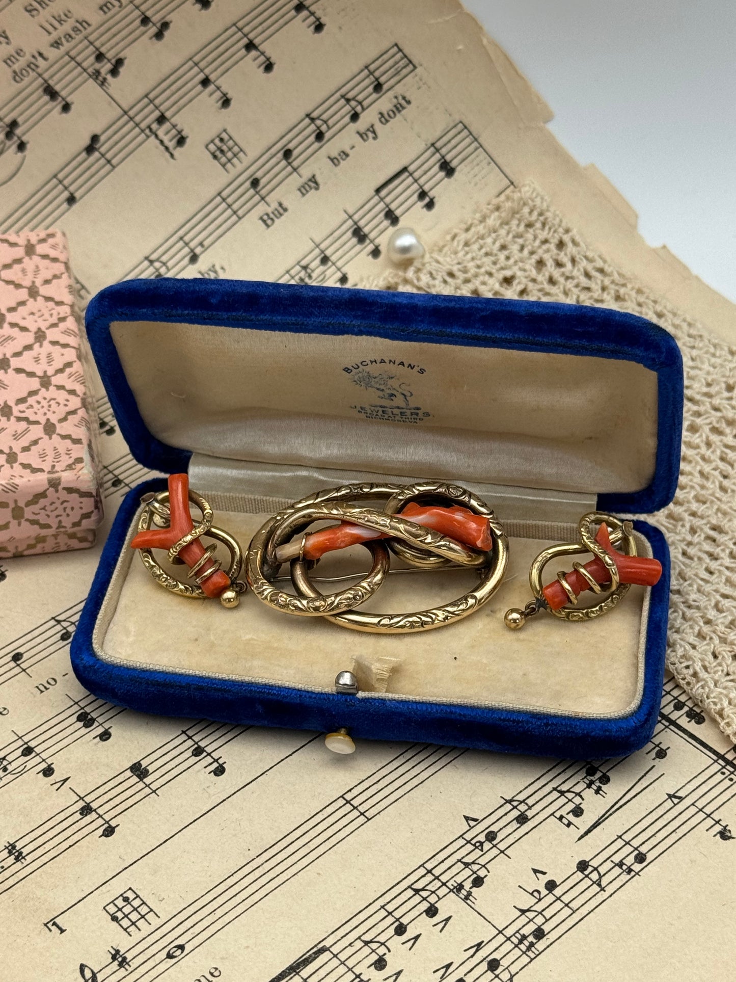 Victorian Gold Filled Coral Branch Brooch & Earring Set – Antique Conversion Post Earrings – c.1860-1880
