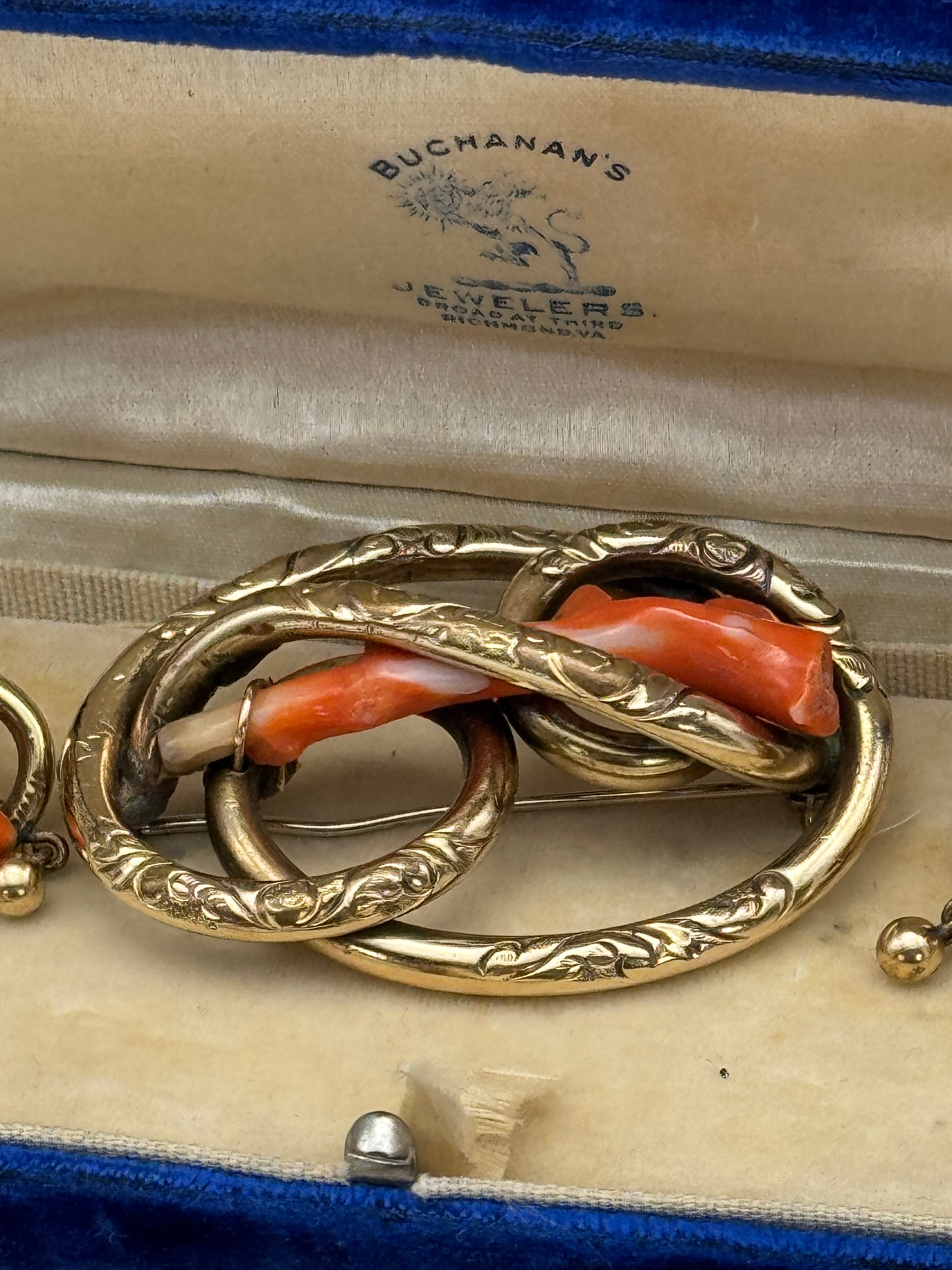 Victorian Gold Filled Coral Branch Brooch & Earring Set – Antique Conversion Post Earrings – c.1860-1880