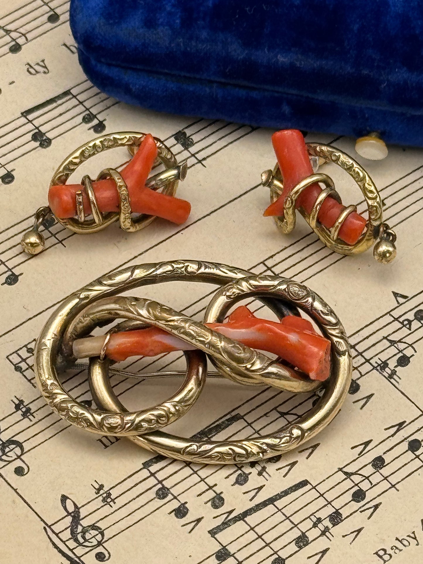 Victorian Gold Filled Coral Branch Brooch & Earring Set – Antique Conversion Post Earrings – c.1860-1880