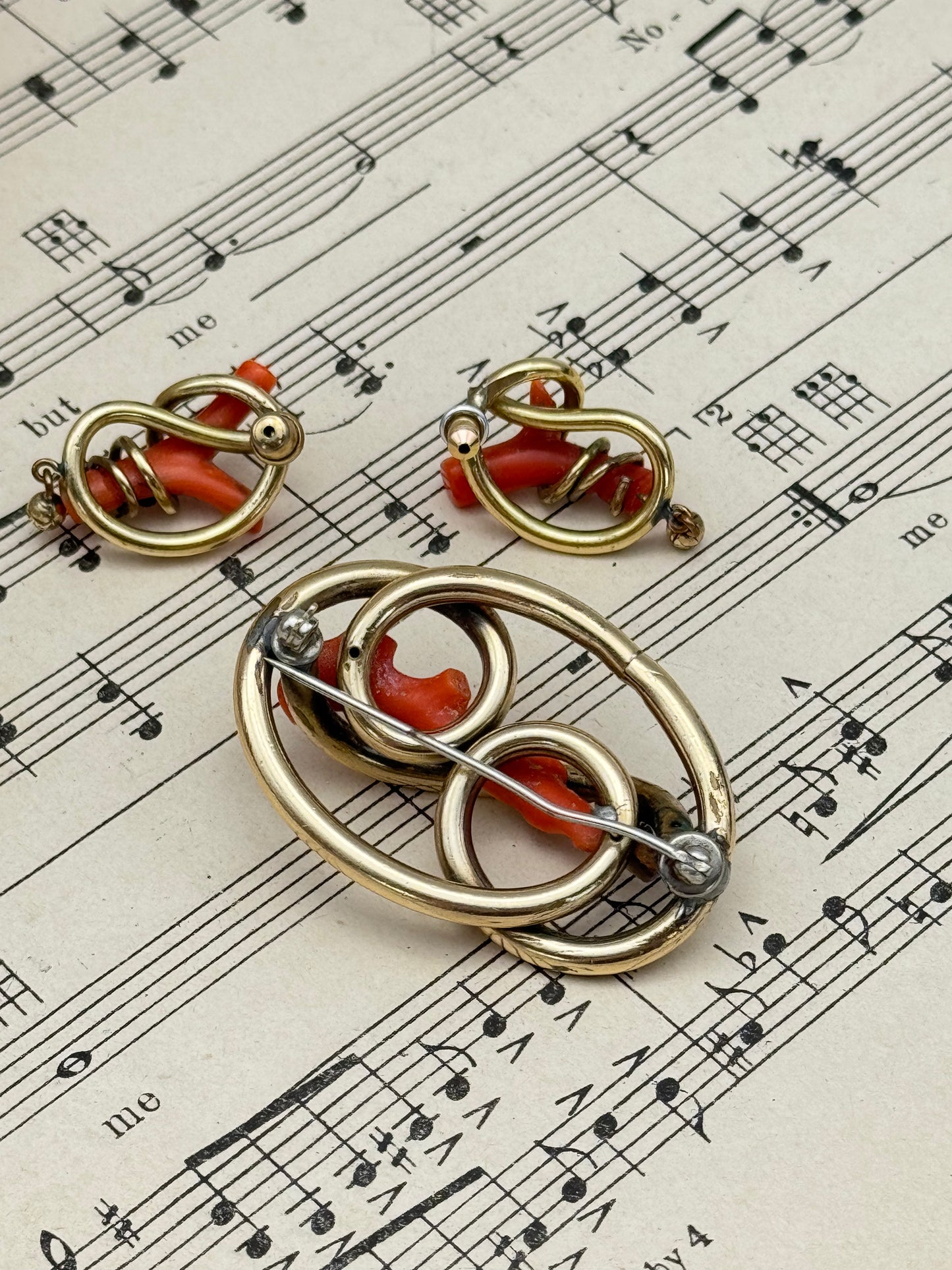 Victorian Gold Filled Coral Branch Brooch & Earring Set – Antique Conversion Post Earrings – c.1860-1880