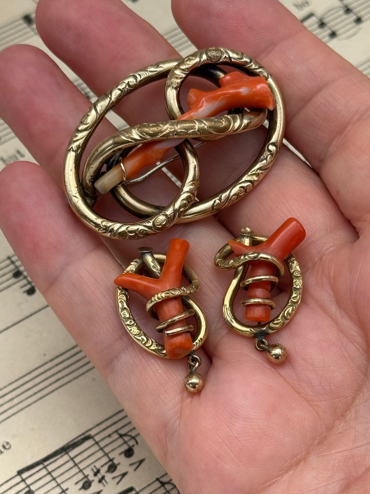 Victorian Gold Filled Coral Branch Brooch & Earring Set – Antique Conversion Post Earrings – c.1860-1880