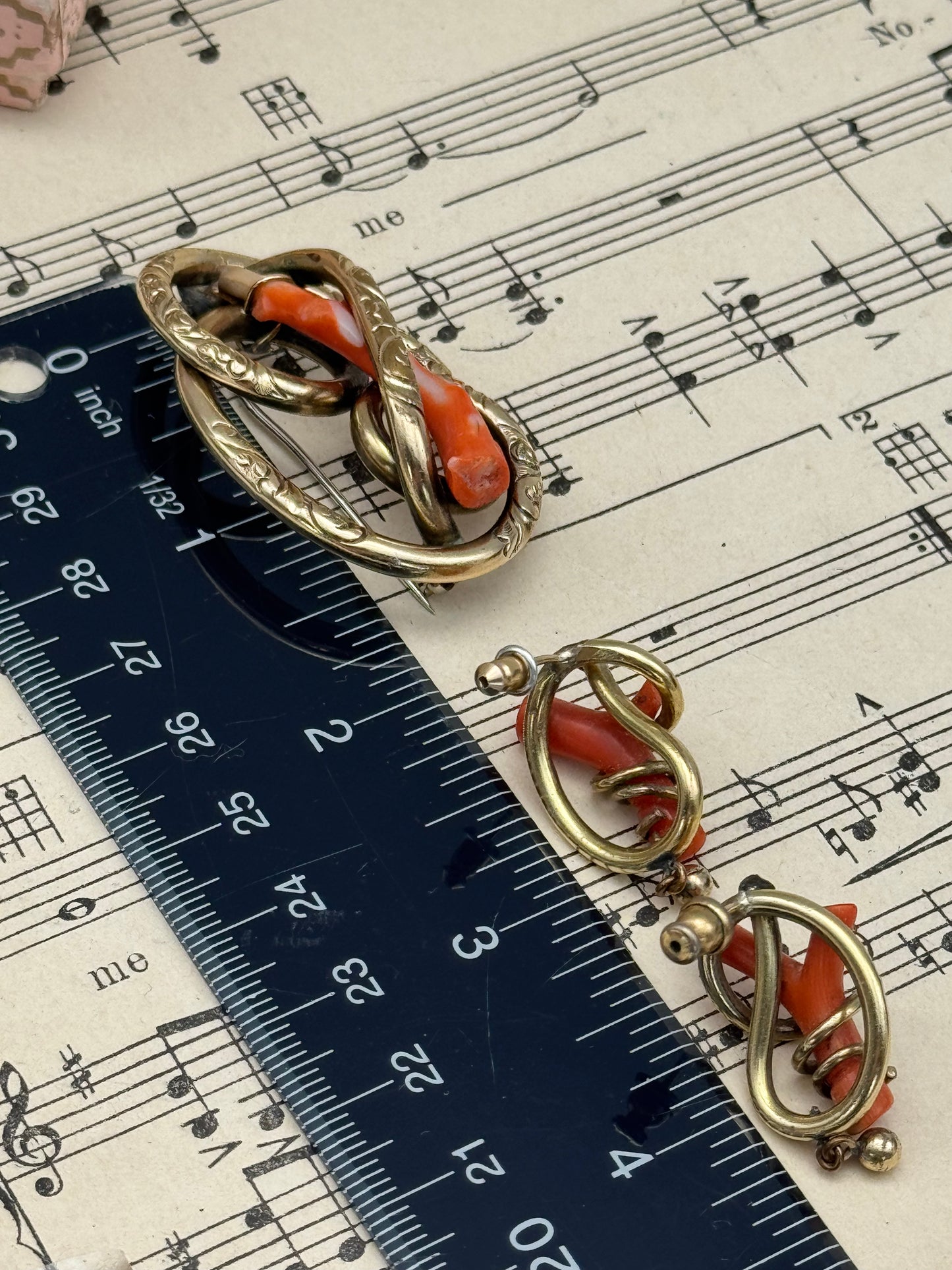 Victorian Gold Filled Coral Branch Brooch & Earring Set – Antique Conversion Post Earrings – c.1860-1880