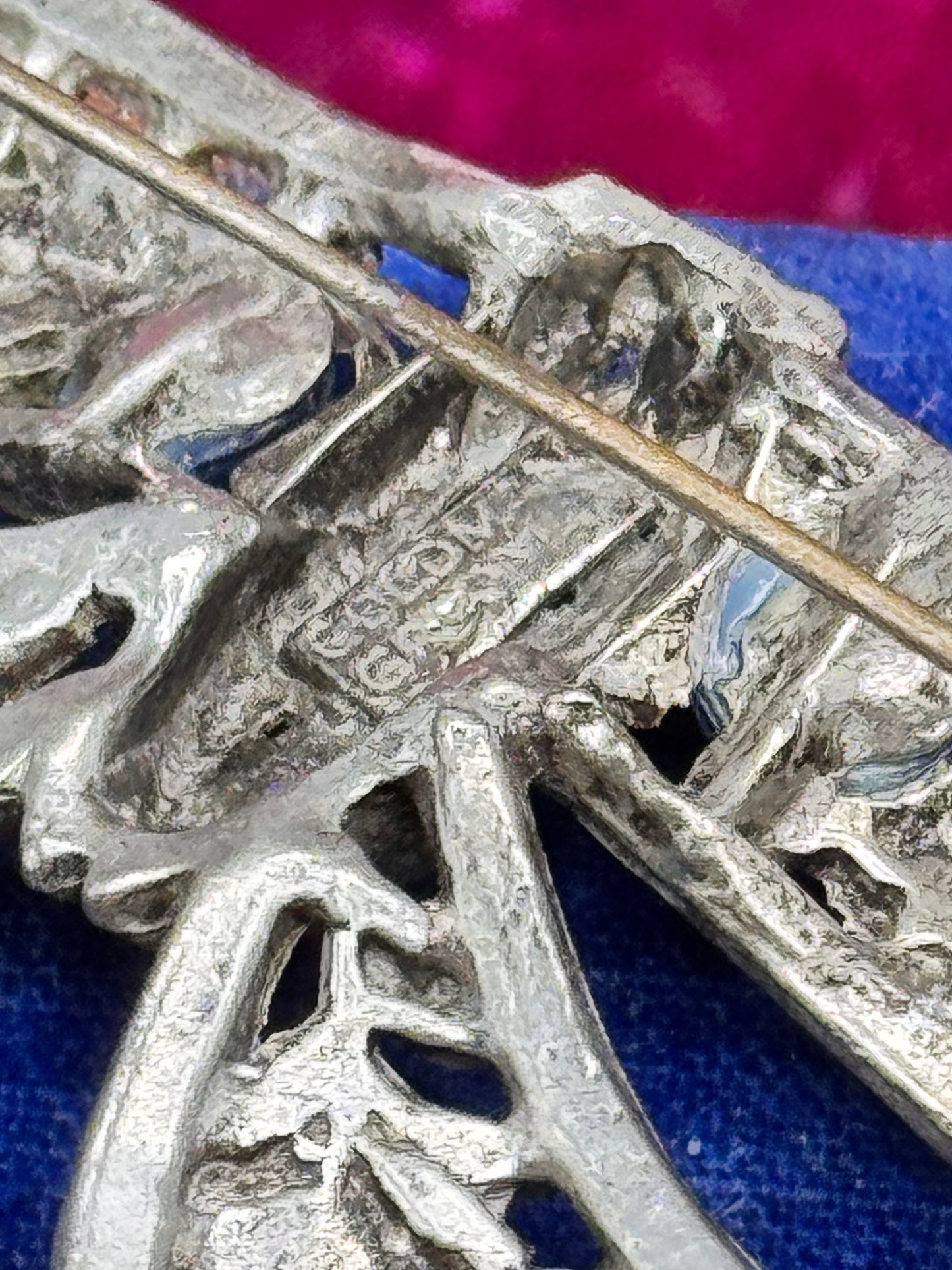 Vintage Brooch Bow Silvertone Blue Cabochon & Rhinestone SIGNED Goldman