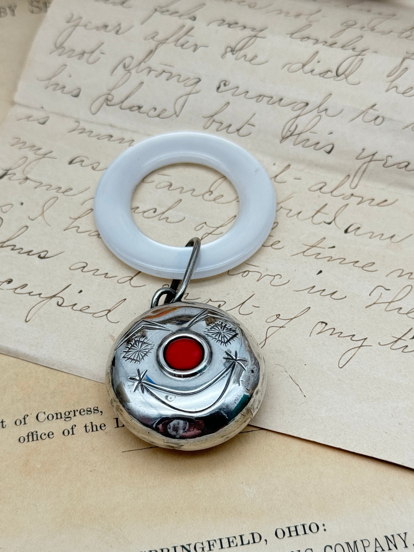 VINTAGE TOWLE Sterling Silver Rattle Teething Ring FAUX MOP Red Nose Clown Face