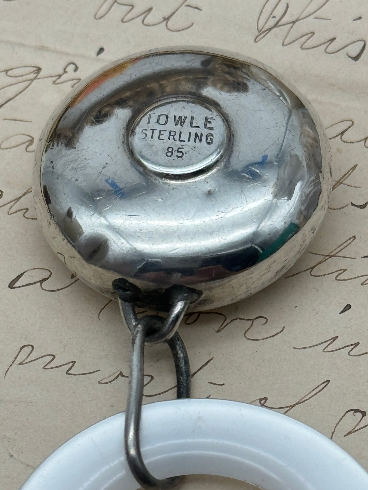 VINTAGE TOWLE Sterling Silver Rattle Teething Ring FAUX MOP Red Nose Clown Face