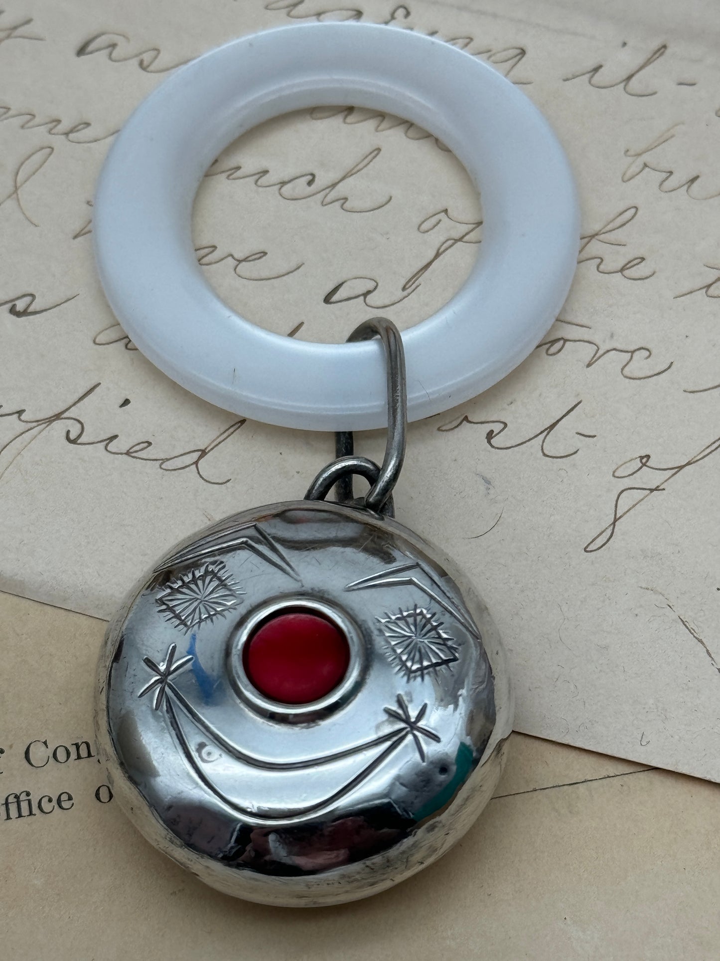 VINTAGE TOWLE Sterling Silver Rattle Teething Ring FAUX MOP Red Nose Clown Face