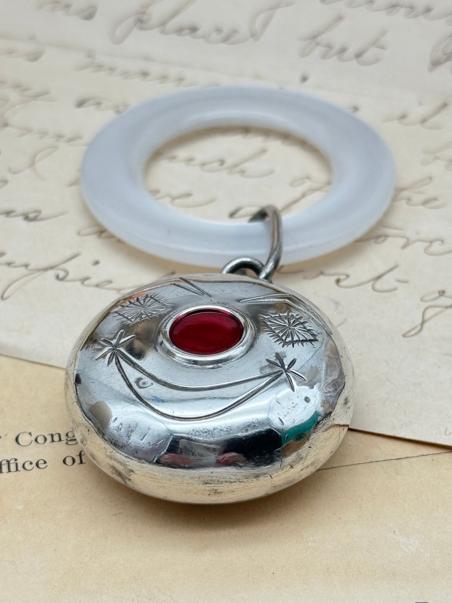 VINTAGE TOWLE Sterling Silver Rattle Teething Ring FAUX MOP Red Nose Clown Face